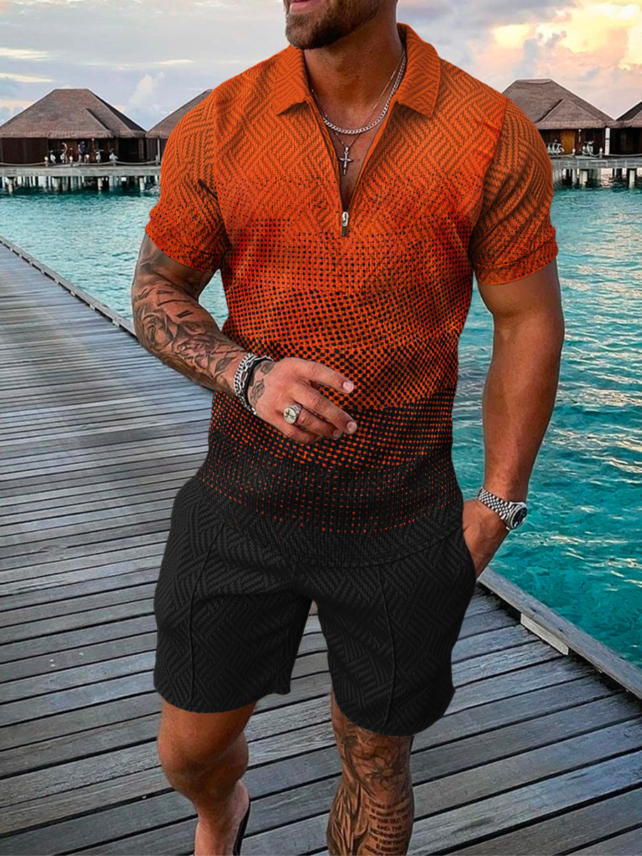 Men's Casual Black and Orange Pattern Printed Polo Suit