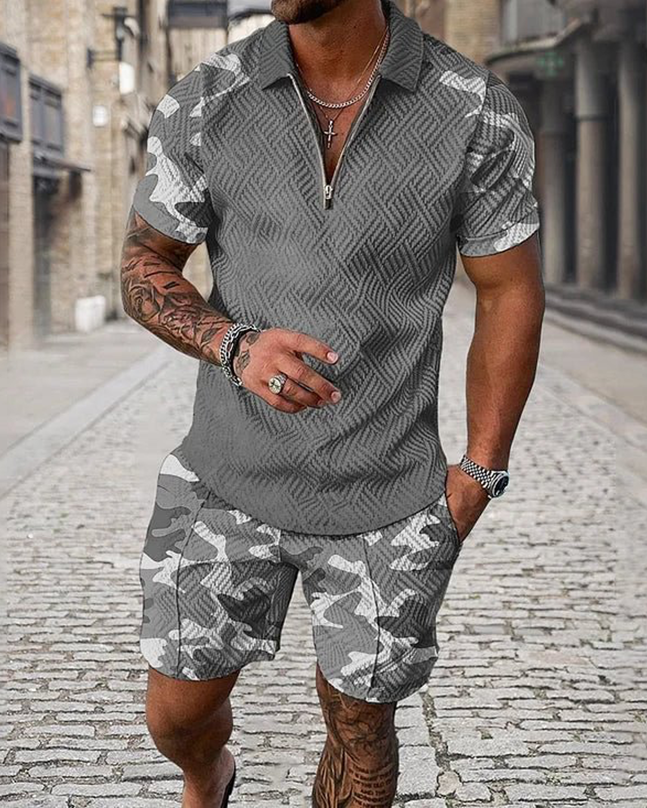 Camouflage Sleeve Polo Shirt And Shorts Co-Ord
