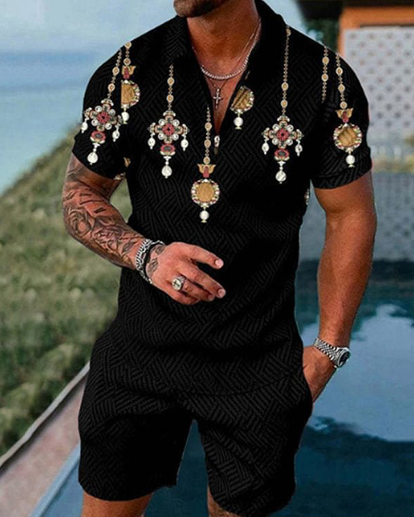 Gemstone Pendant Polo Shirt And Shorts Co-Ord