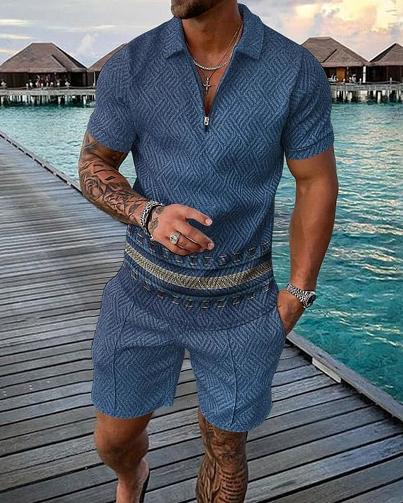 Casual Blue Stripes Print Polo Shirt And Shorts Co-Ord