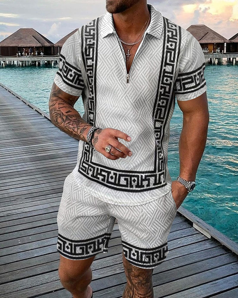 Men's Casual White Pattern Printed Polo Suit