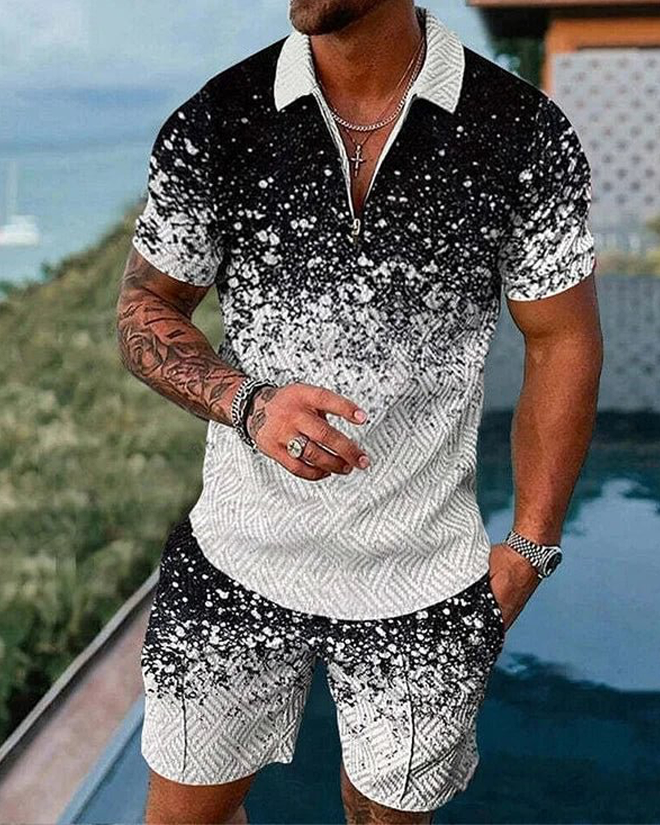 Black And White Gritter Pattern Print Short Sleeve Polo Shirt And Shorts Co-Ord