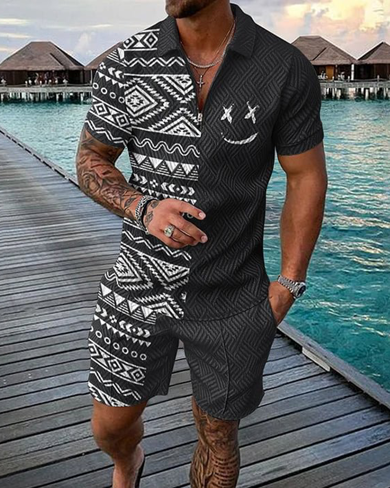 Monochrome Polo Shirt And Shorts Co-Ord