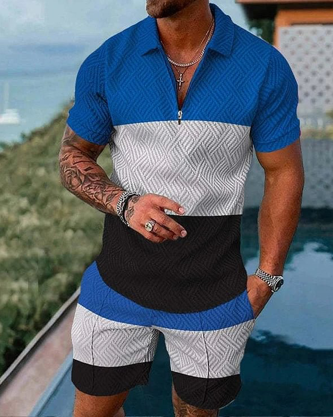 Men's Patchwork Casual Short Sleeve Polo Shirt And Short Co-Ord