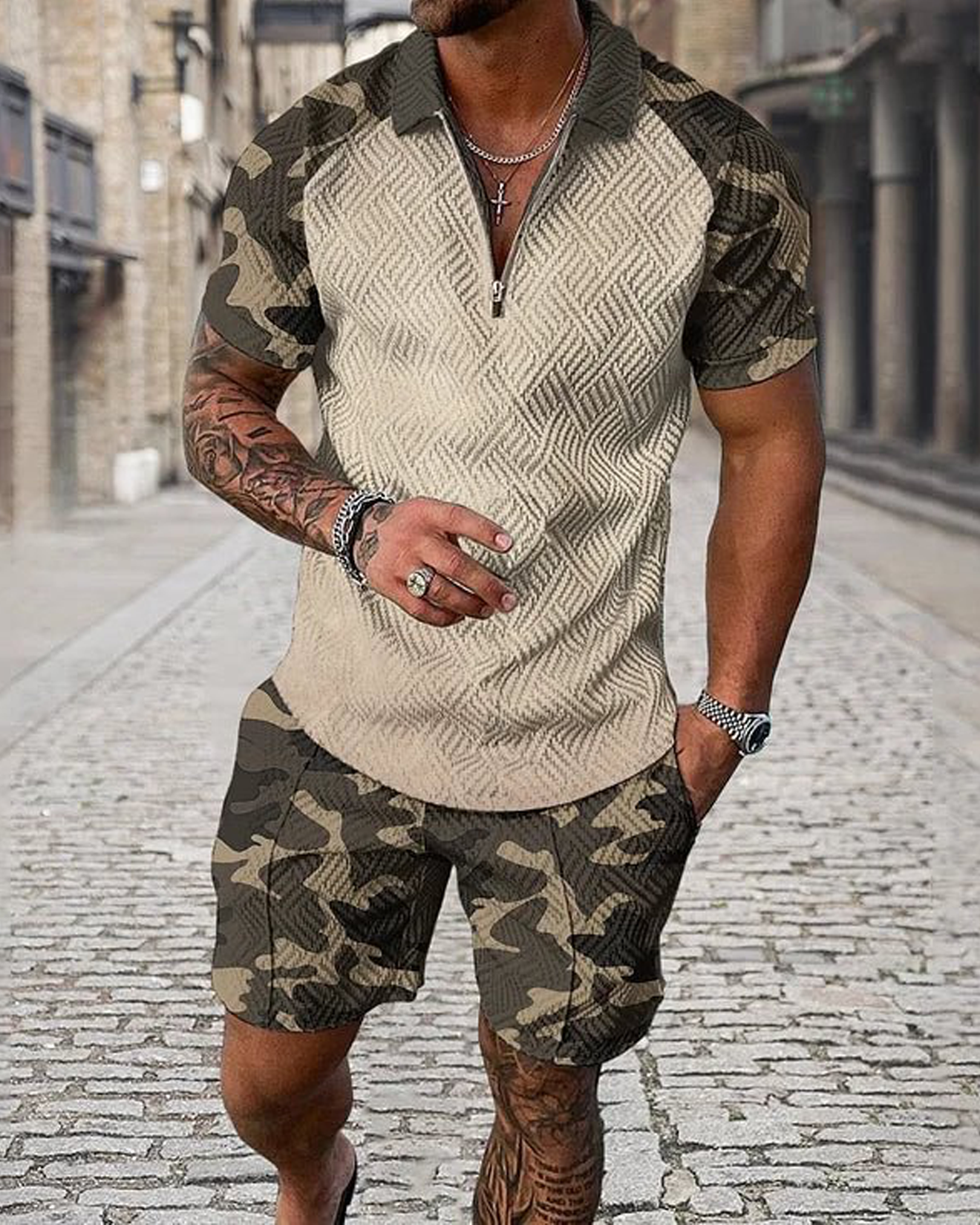 Camouflage Sleeve Polo Shirt And Shorts Co-Ord