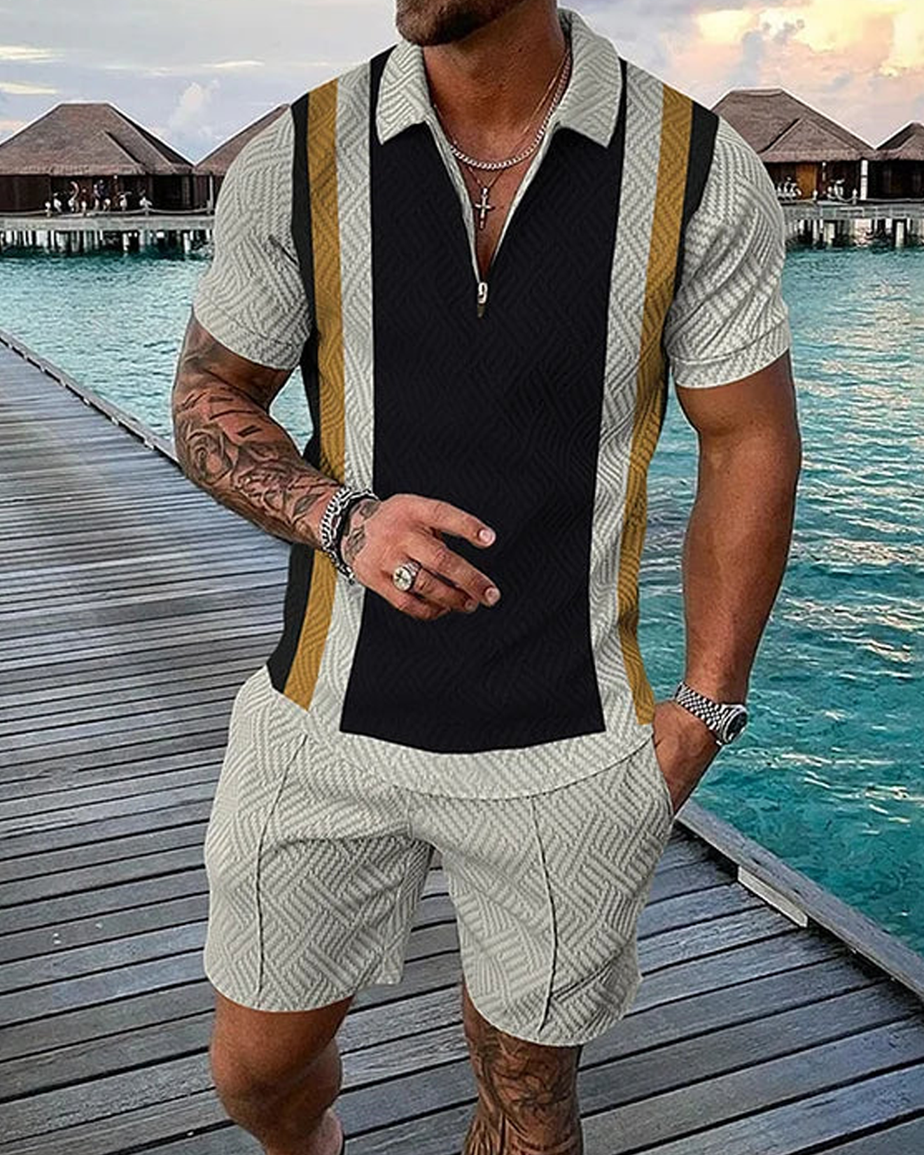 Panelled Casual Short Sleeve Polo Set