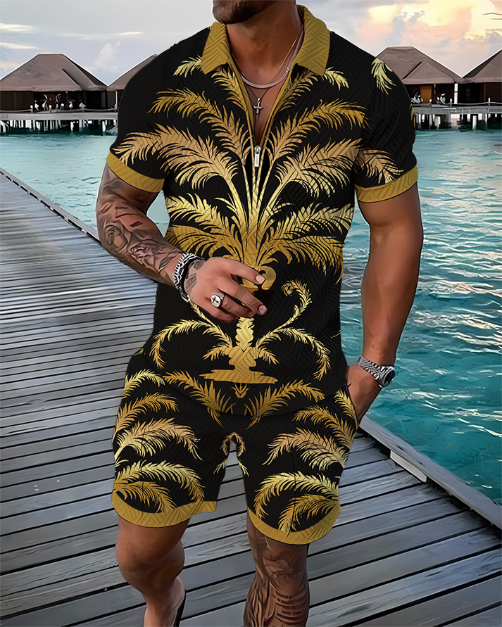 Golden Tropica Polo Shirt And Shorts Co-Ord