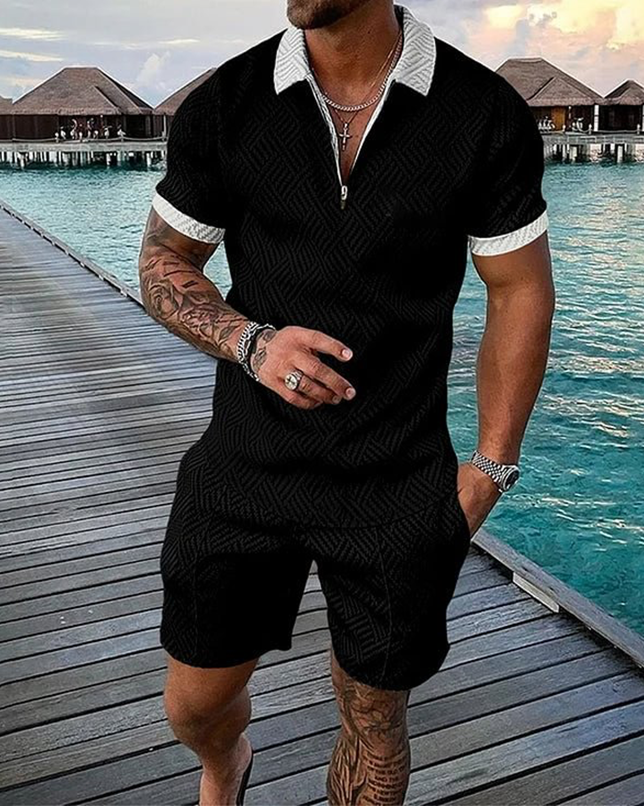 Amigo Black Polo Shirt And Shorts Co-Ord