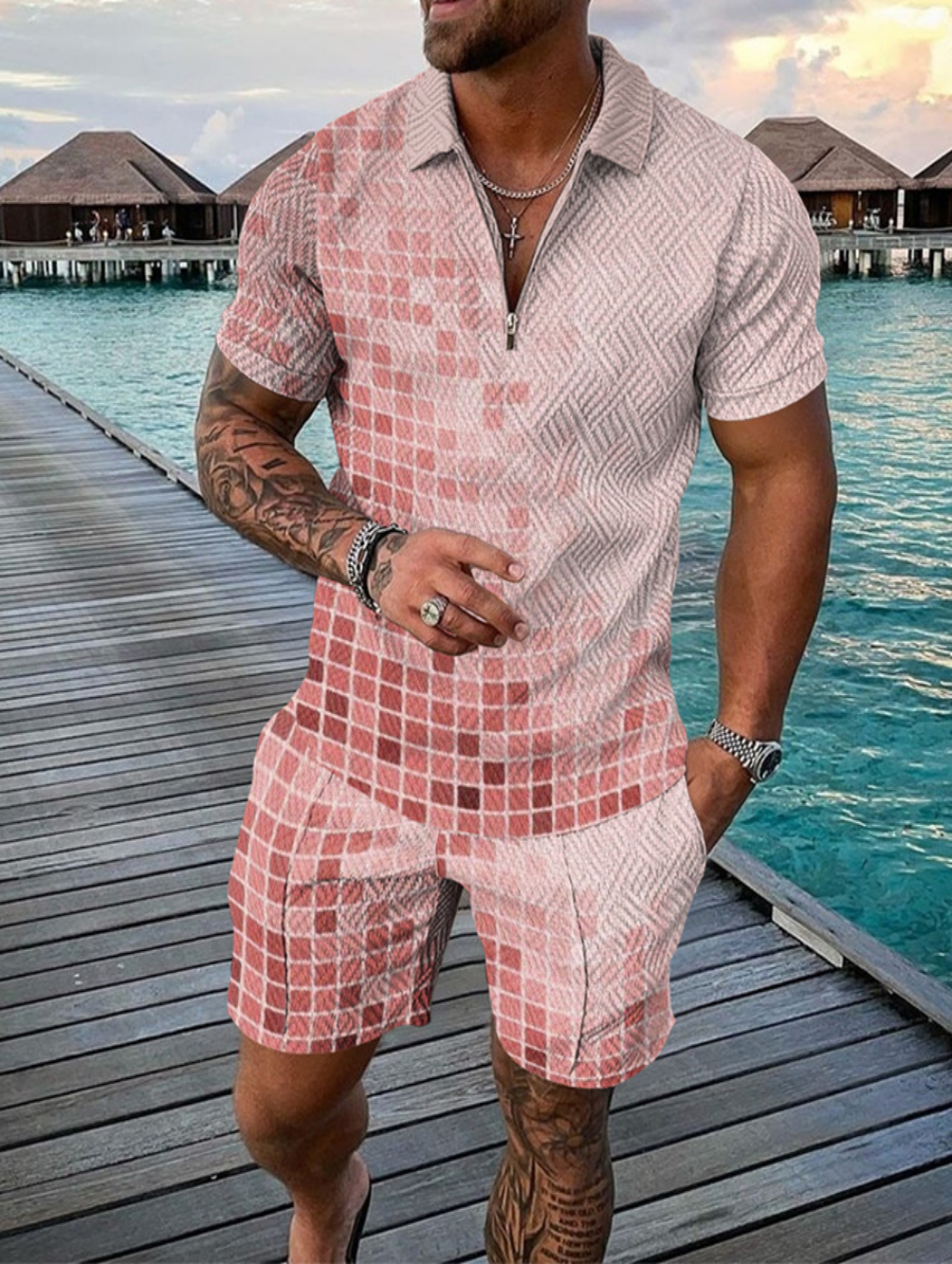 Men's Casual Pink Fade Pattern Printed Polo Suit