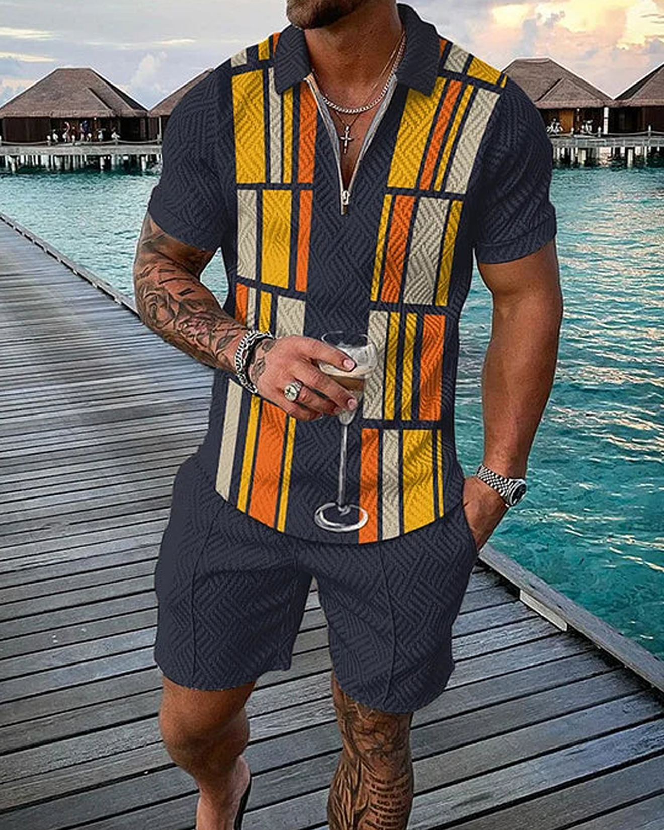 Yellow Square Geometry Print Polo Shirt And Shorts Co-Ord