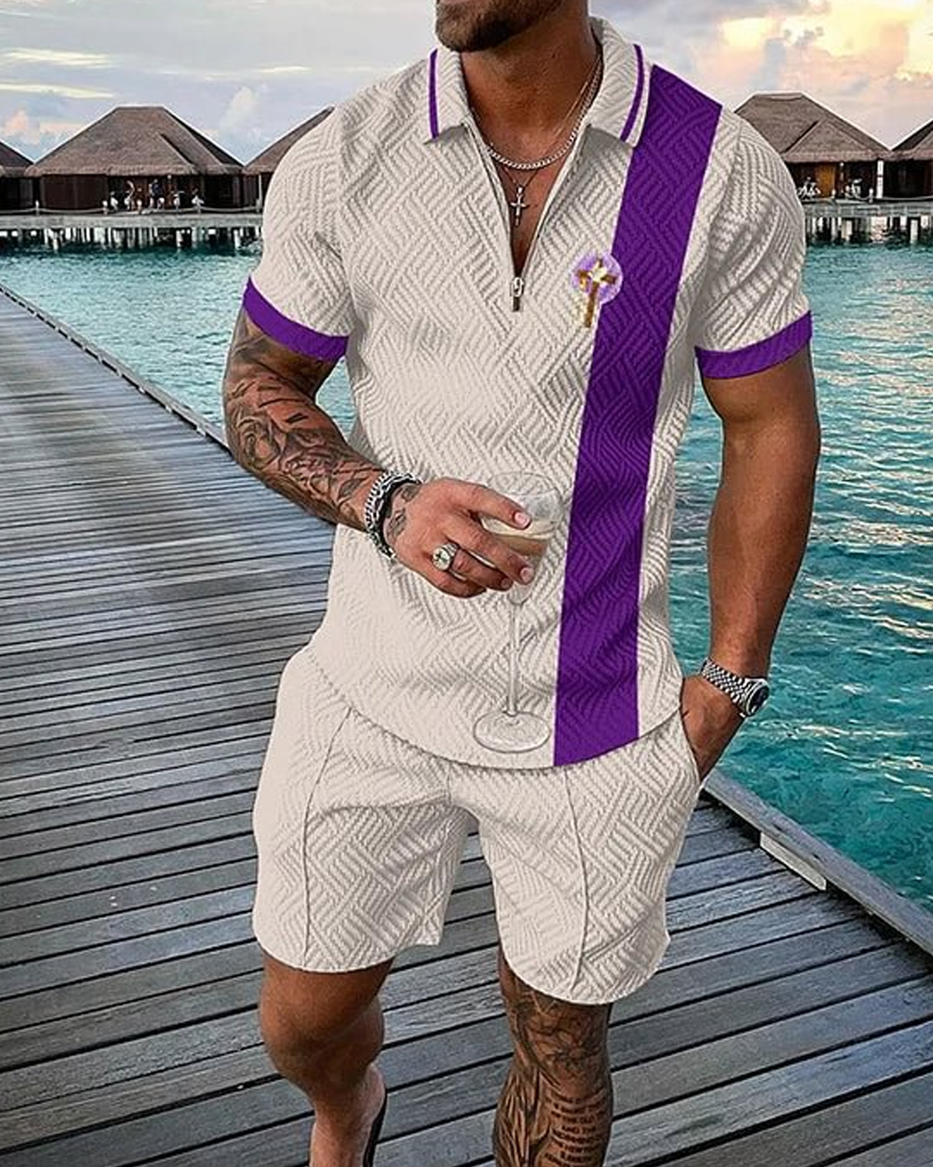 Purple Cross Polo Shirt And Shorts Co-Ord