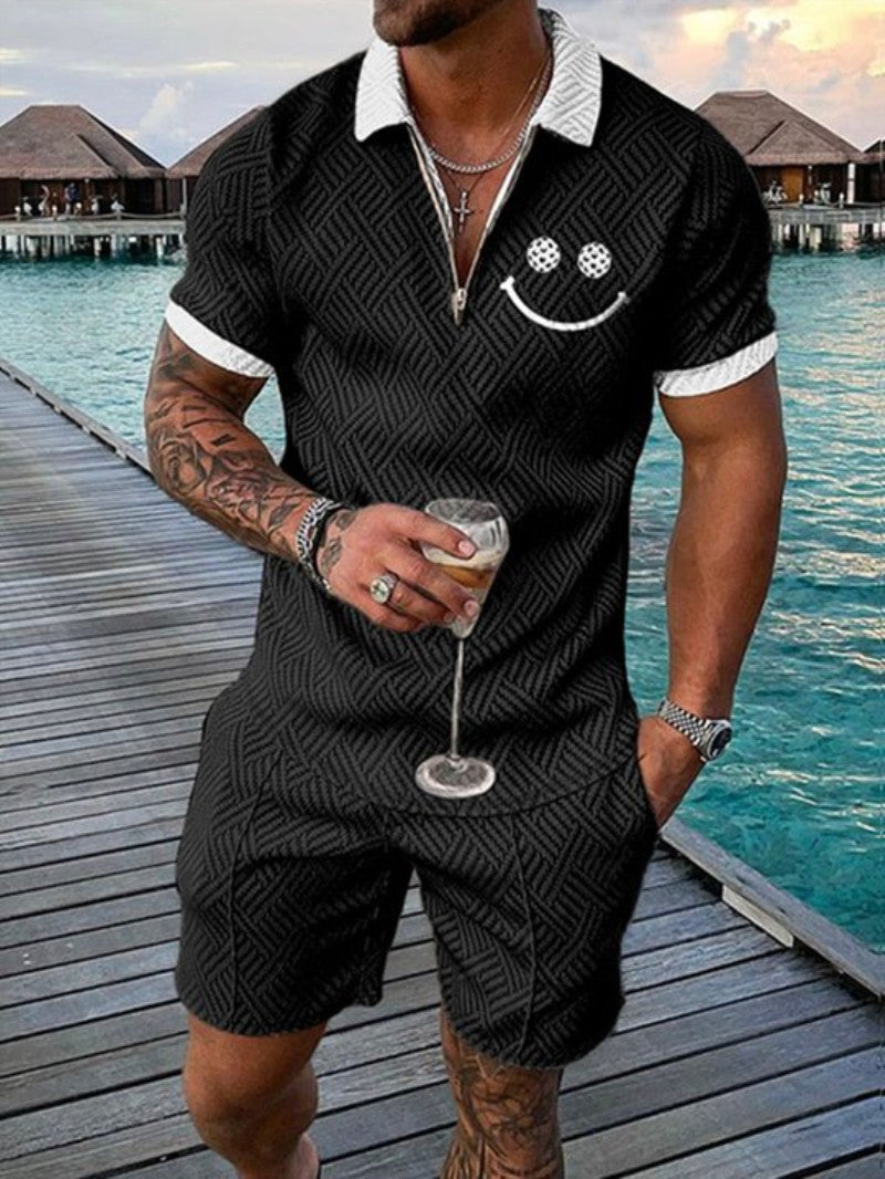 Men's Casual Smiley Face Black Polo Suit