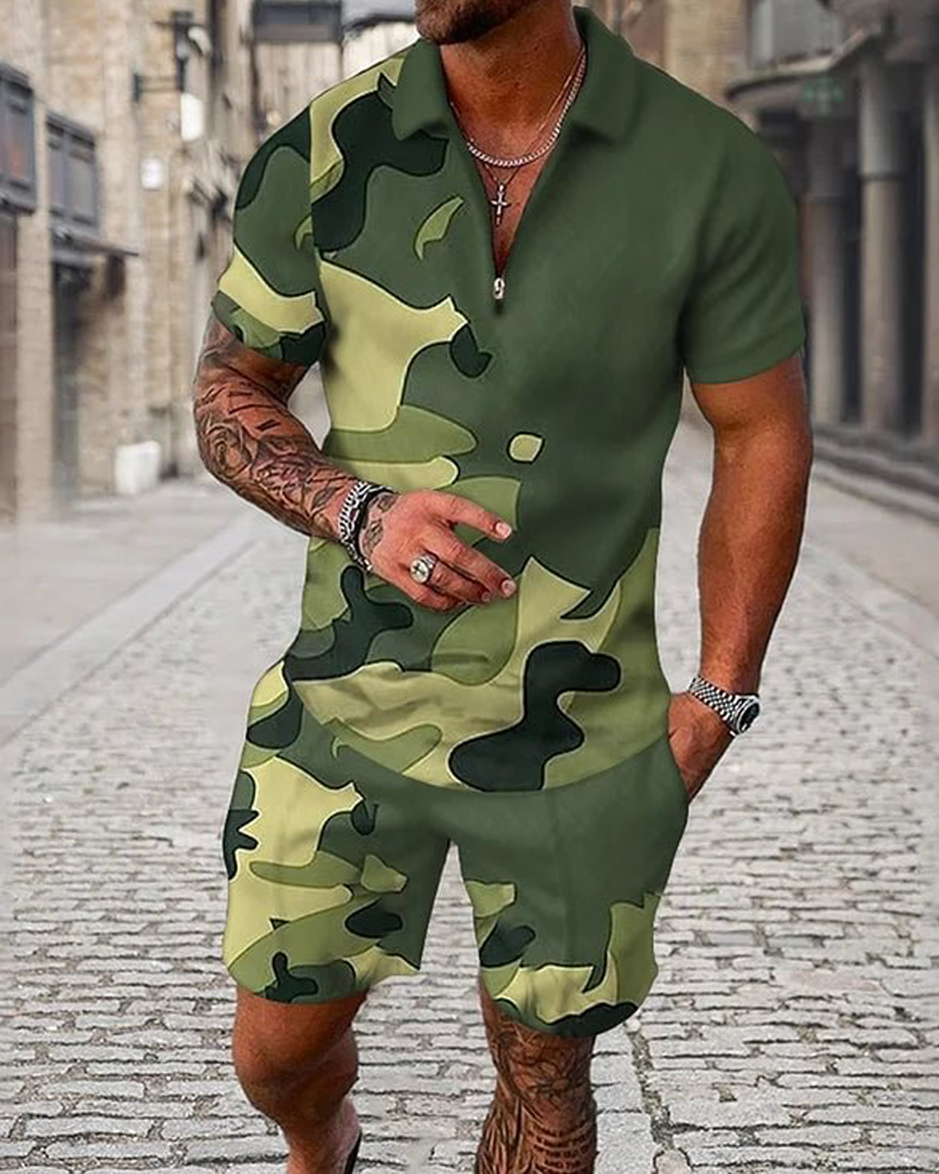 Camouflage Green Elite Polo Shirt And Shorts Co-Ord