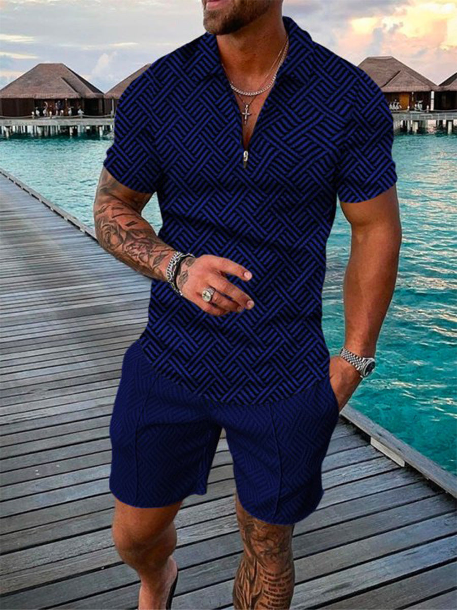 Dark Blue With Black Pattern Polo Shirt And Shorts Co-Ord
