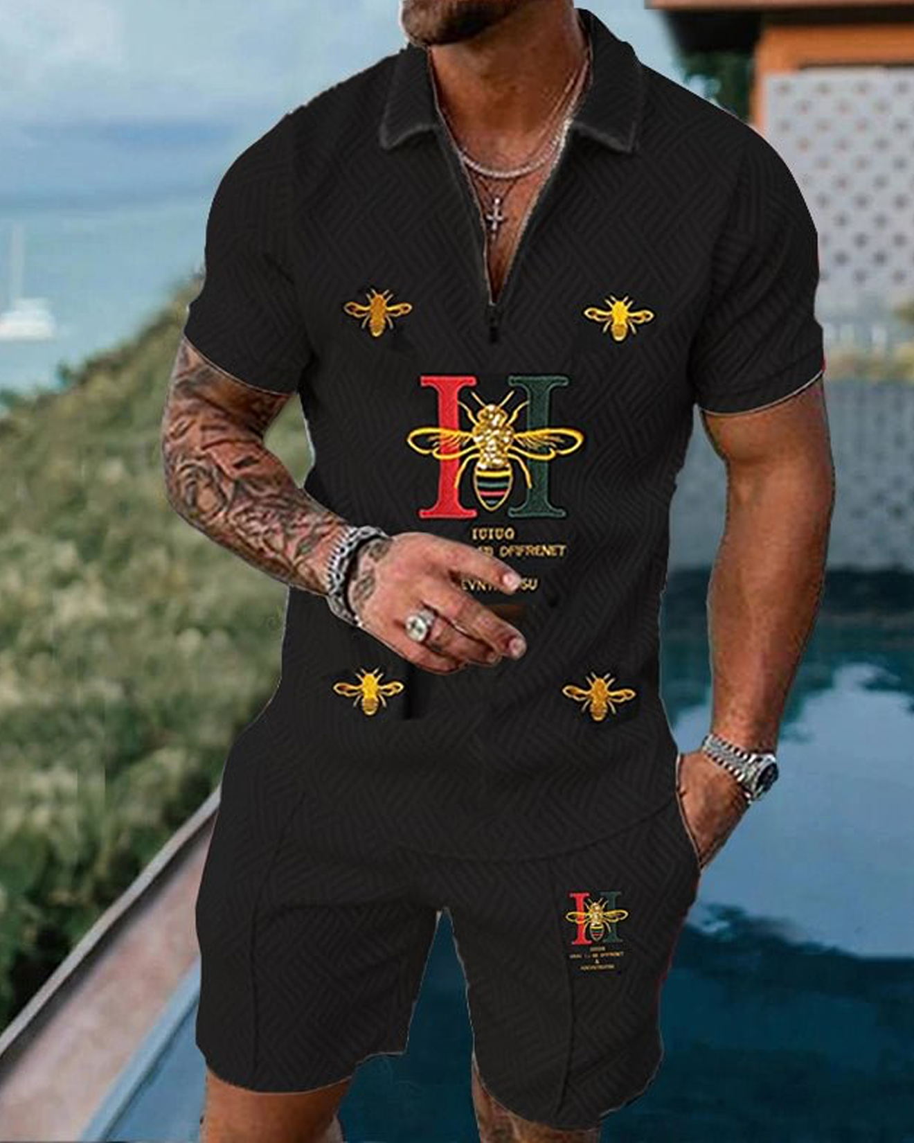 Men's Casual H Bee Pattern Printed Polo Suit