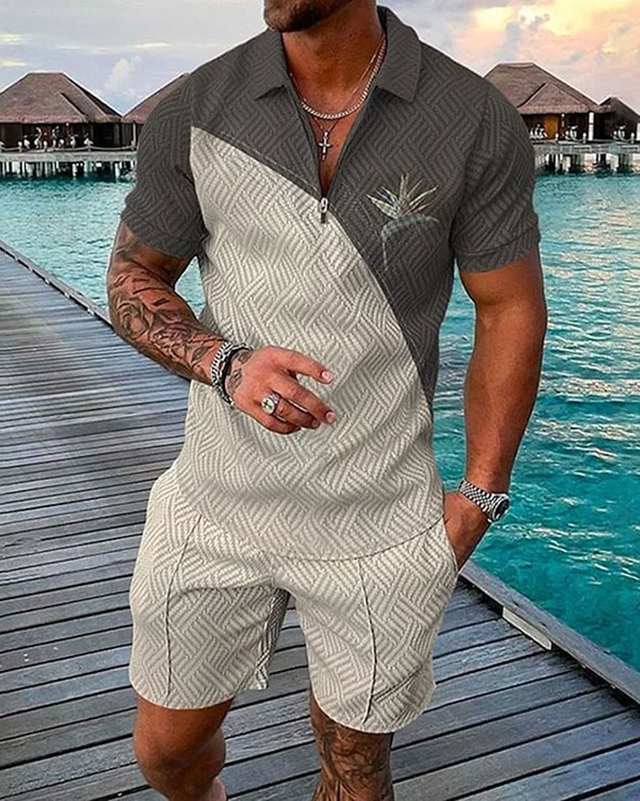 Grey Vacation Polo Shirt And Shorts Co-Ord