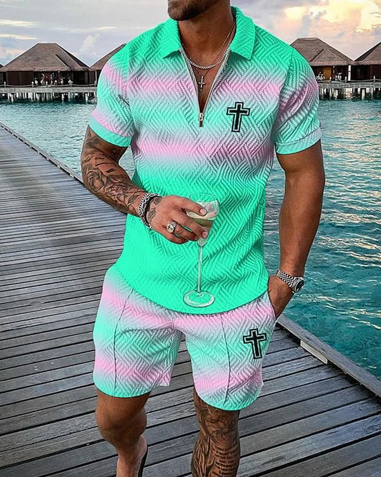 Cyan Cross Polo Shirt And Shorts Co-Ord