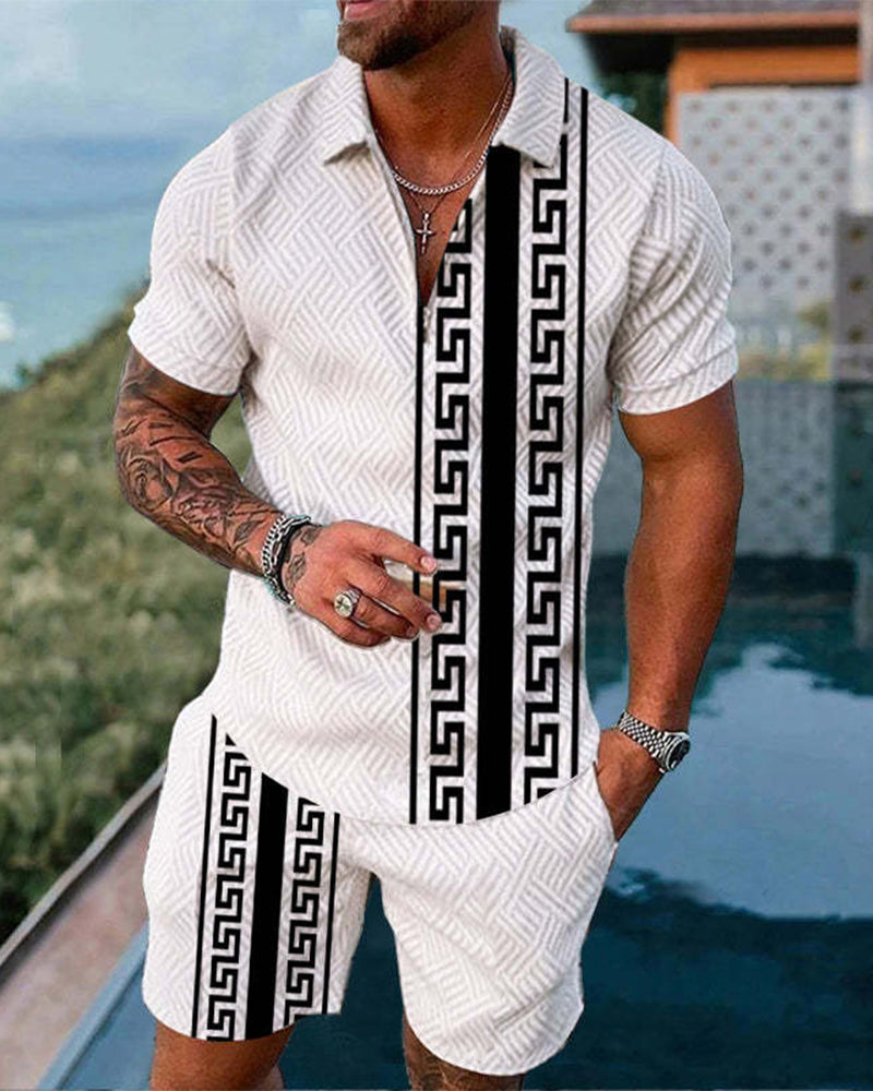Men's Casual White Black Pattern Printed Polo Suit