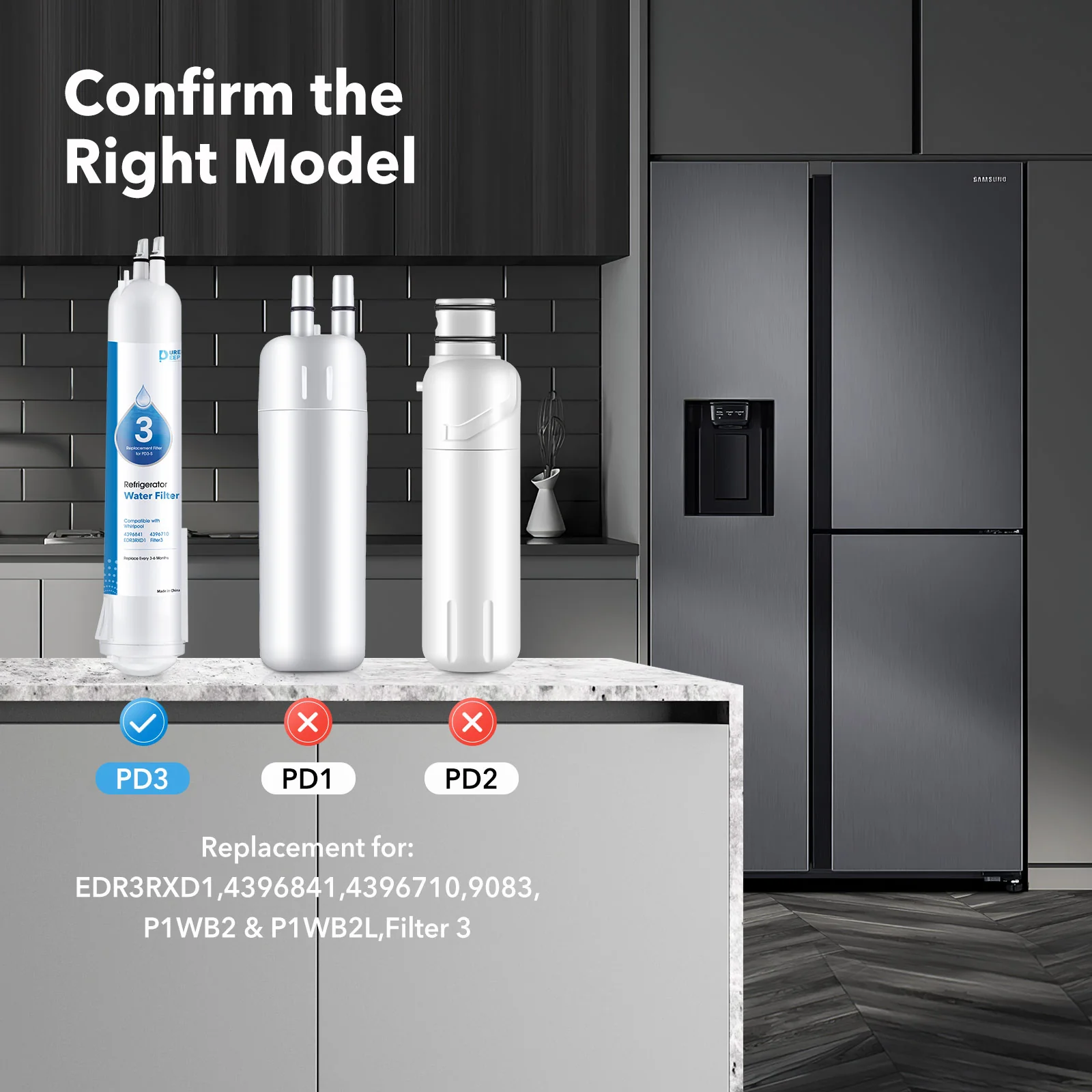 Purerdeep PD3 Compatible EDR3RXD1 Refrigerator Water Filter, 4396841, 4396710 Filter 3