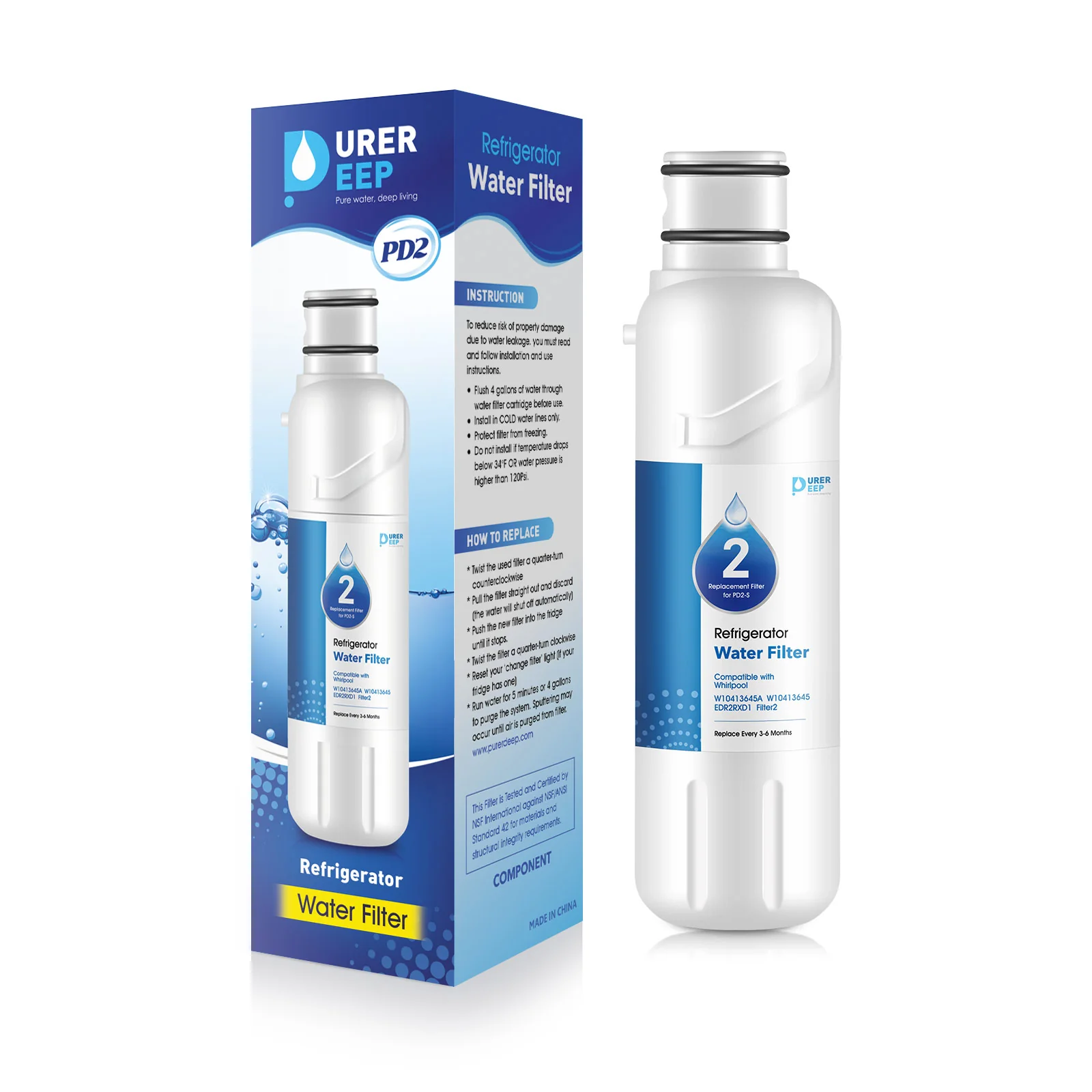 Purerdeep PD2 Compatible EDR2RXD1 Refrigerator Water Filter,W10413645A Filter 2