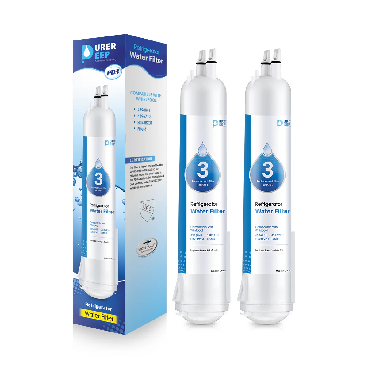 Purerdeep PD3 Compatible EDR3RXD1 Refrigerator Water Filter, 4396841, 4396710 Filter 3