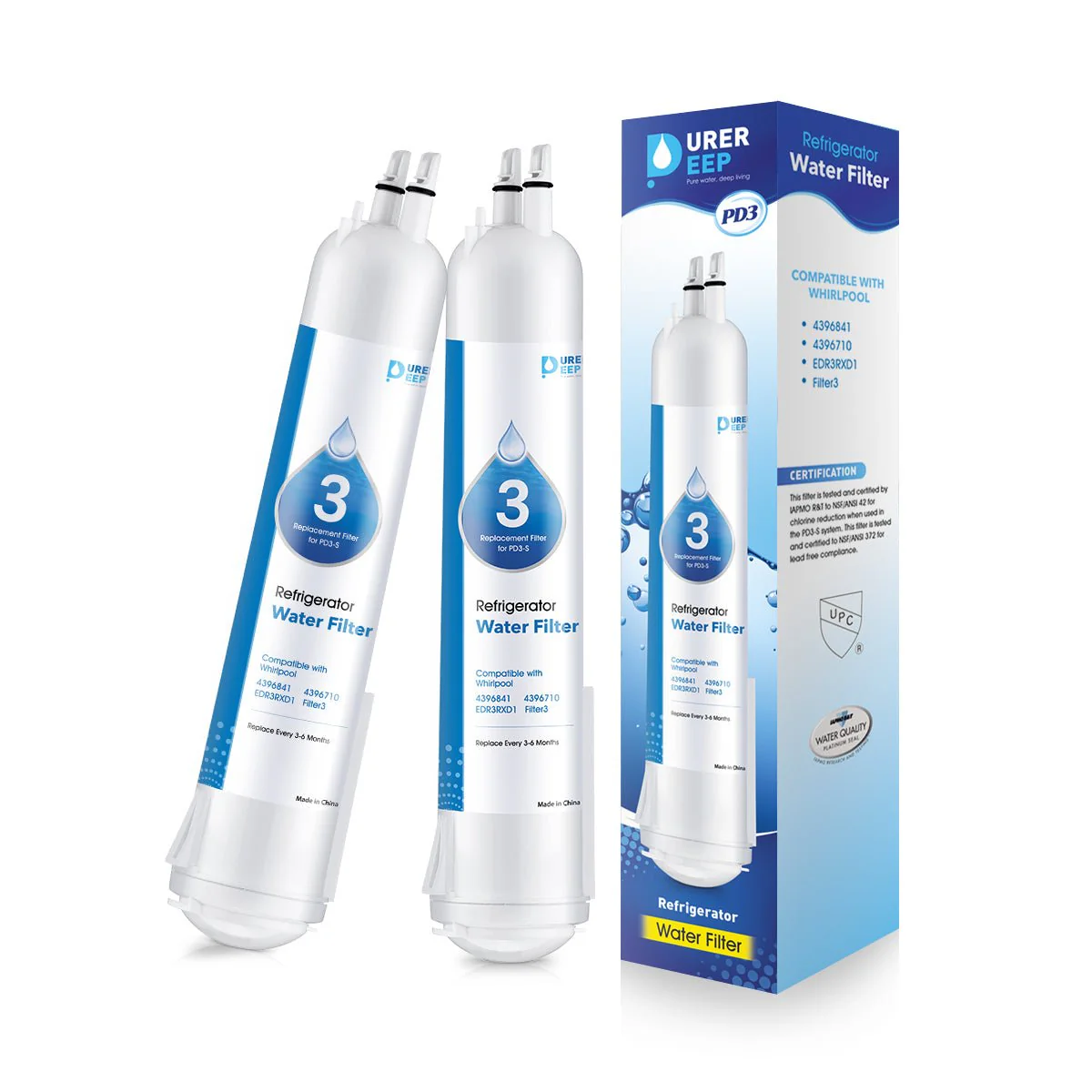 Purerdeep PD3 Compatible EDR3RXD1 Refrigerator Water Filter, 4396841, 4396710 Filter 3