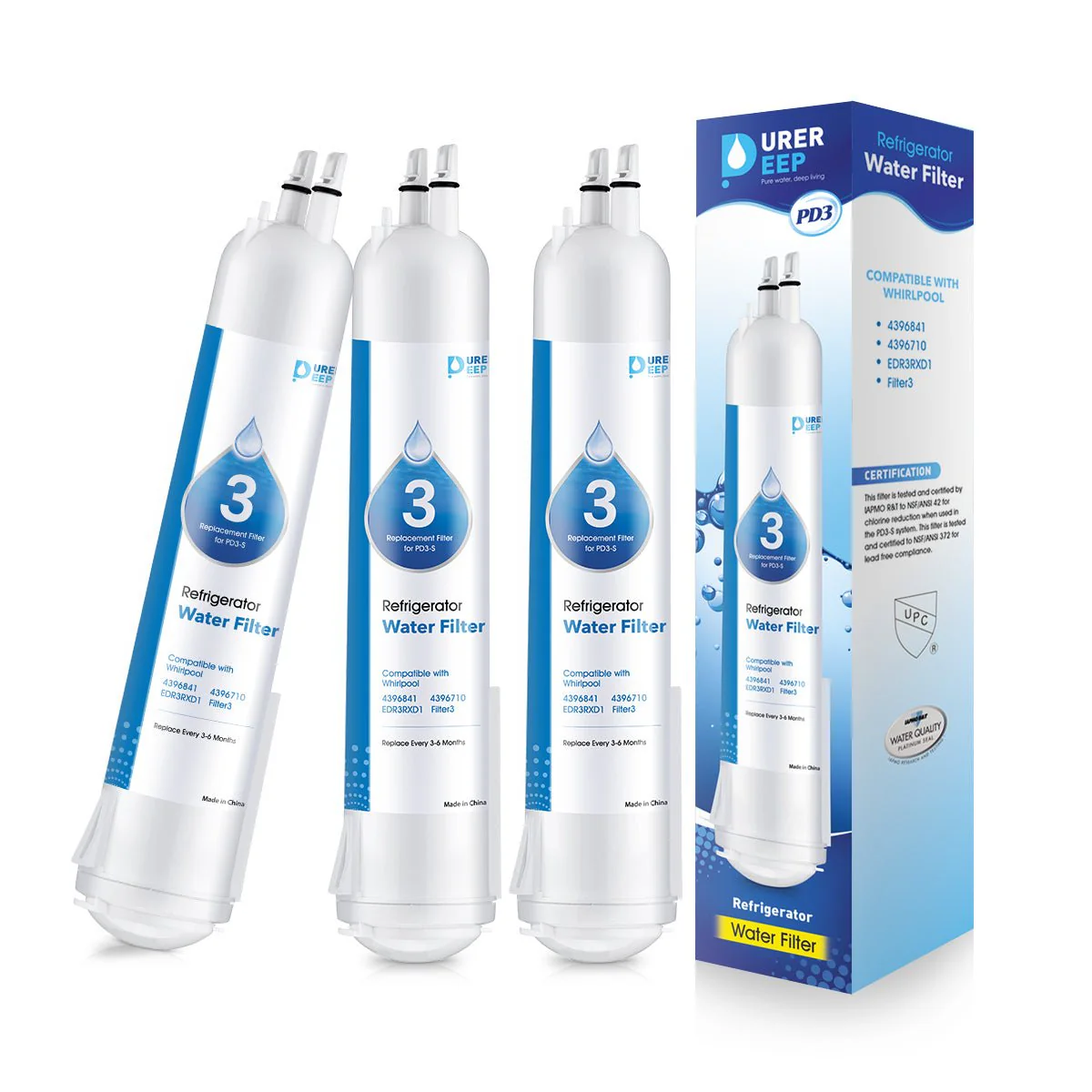 Purerdeep PD3 Compatible EDR3RXD1 Refrigerator Water Filter, 4396841, 4396710 Filter 3
