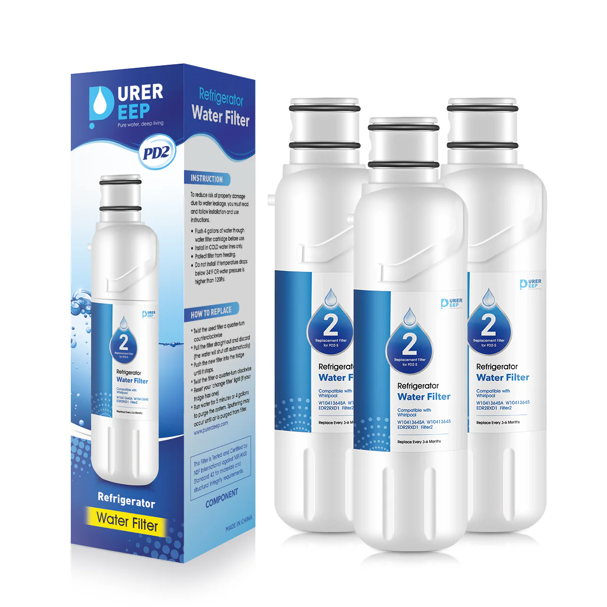 Purerdeep PD2 Compatible EDR2RXD1 Refrigerator Water Filter,W10413645A Filter 2