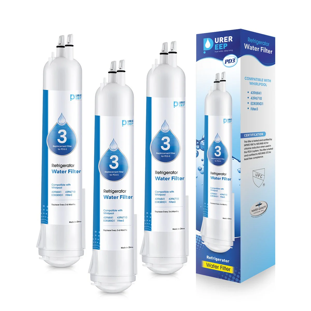 Purerdeep PD3 Compatible EDR3RXD1 Refrigerator Water Filter, 4396841, 4396710 Filter 3