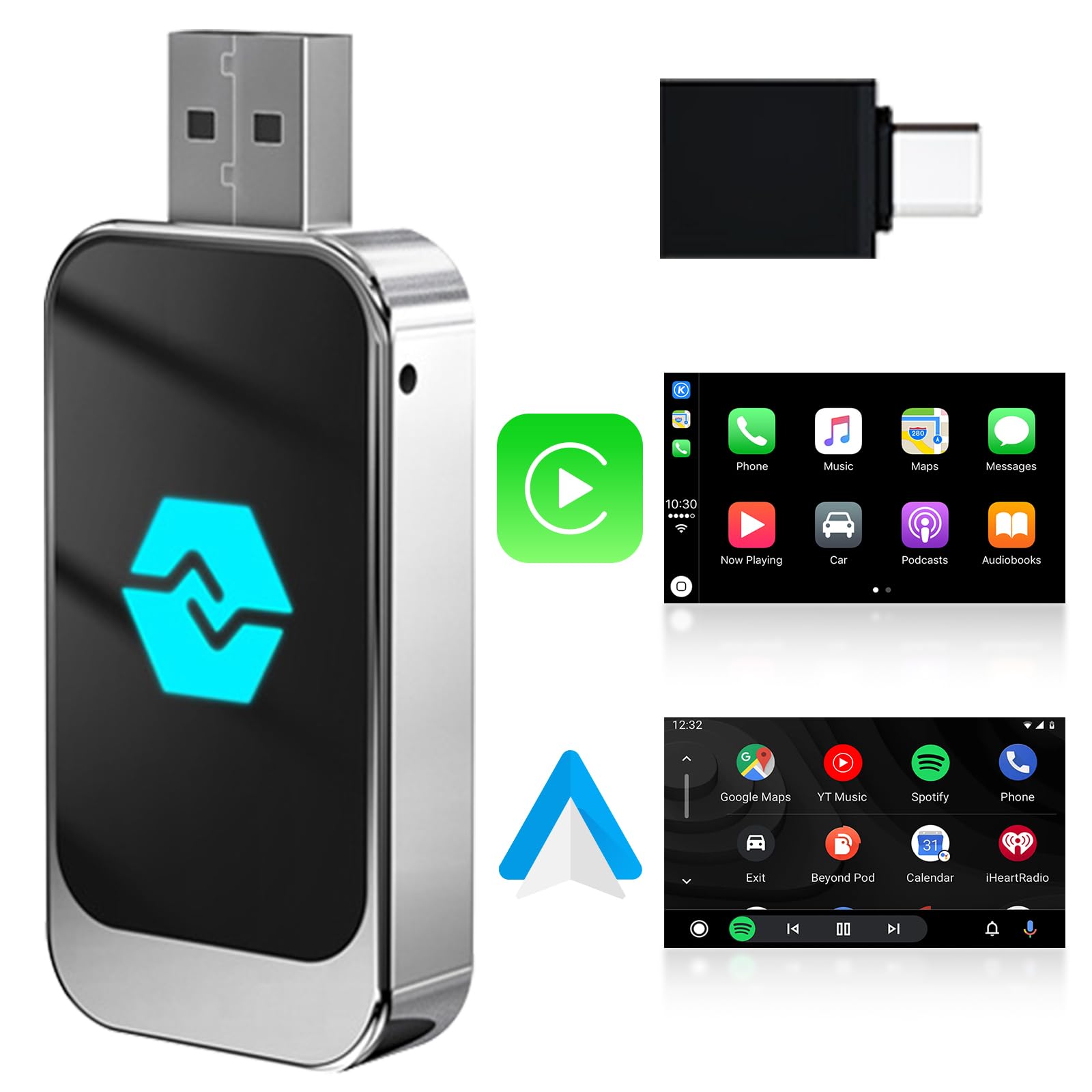 Kabelloser Android-Auto und Carplay Wireless Adapter, Umwandlung von Kabelgebundenem Android-Auto/Carplay zu Kabellos, Typ-C und USB, Plug-and-Play für iOS 10+/Android 11+
