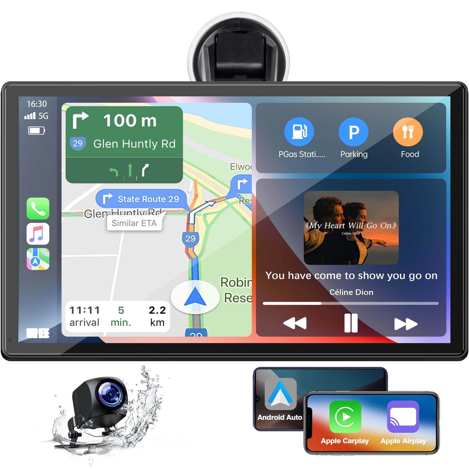 9 Zoll Wireless Apple Carplay mit 1080P Rückfahrkamera, tragbarer Touchscreen Car Play Radio Audioempfänger, Auto-Stereoanlage mit Mirror Link, GPS-Navigation, Android Auto, Bluetooth, FM, Siri
