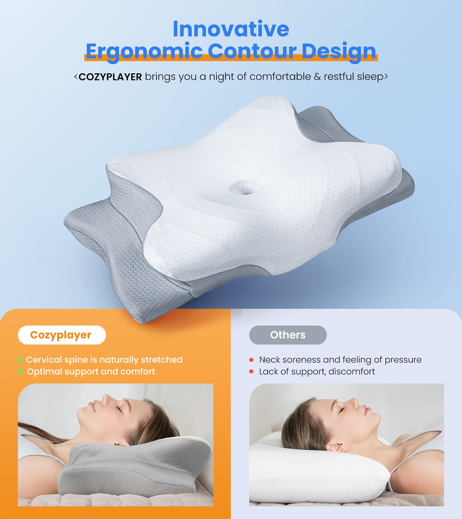 Ultra Cooling Pillow für Nackenunterstützung, Verstellbares Cervical Kissen Gemütliches Schlafen, Geruchsneutrale Ergonomische Kontur Memory Foam Kissen, Orthopädisches Bettkissen für Seiten-, Rücken- und Bauchschläfer