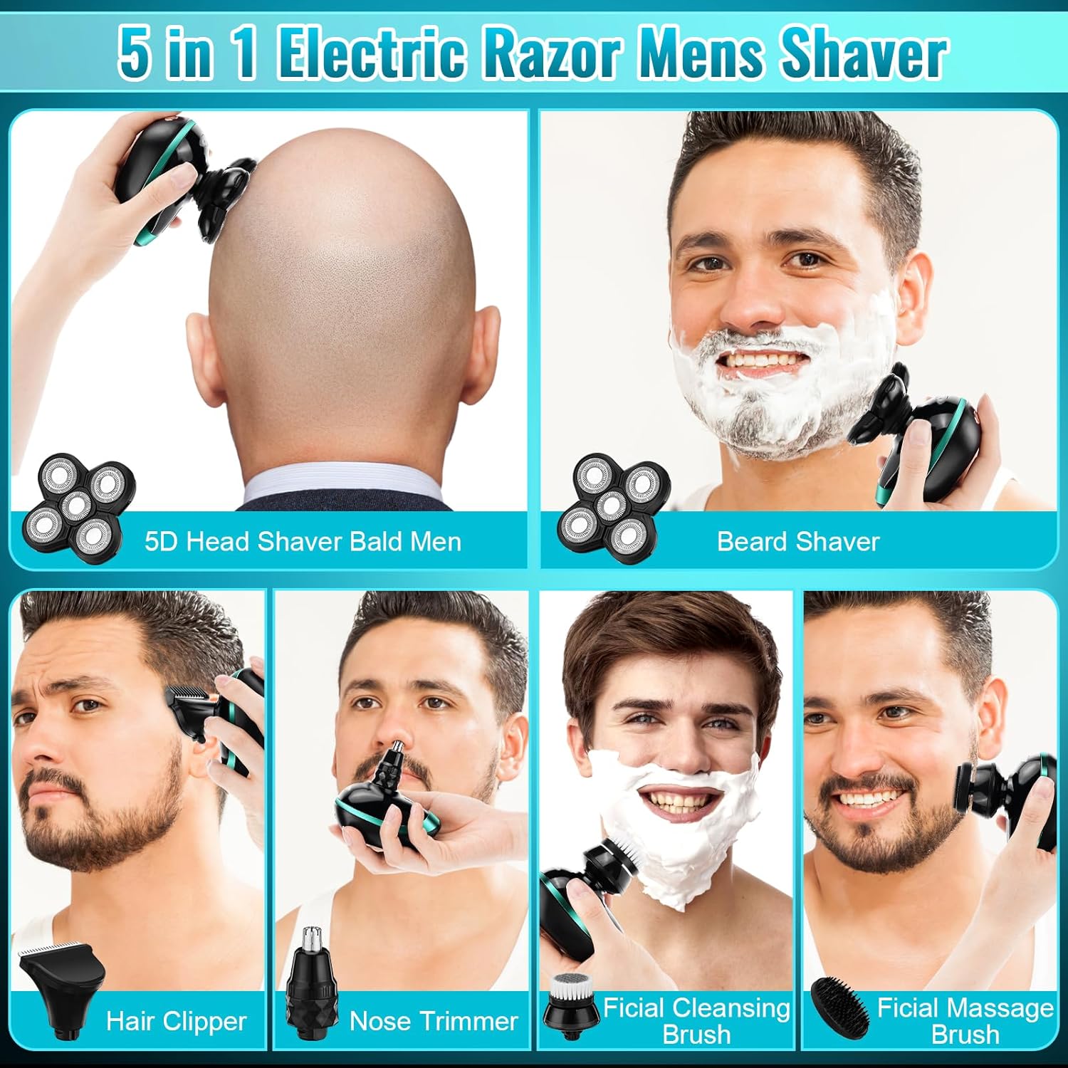 Head Shavers für Glatzköpfige Männer, 5D Elektrischer Rasierer für Nasse und Trockene Elektrorasierer mit LED-Lichtern, Nasenhaare- und Koteletten-Trimmer sowie Gesichtsreinigungsbürste