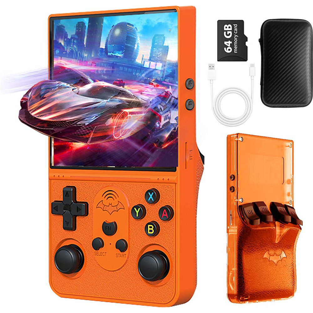 S600 Retro Gaming-Konsole, Handheld-Konsole mit 4-Zoll-Bildschirm, Linux-System mit 64G-TF-Karte, unterstützt über 10 Simulatoren, wiederaufladbare tragbare Spielkonsole (Orange)