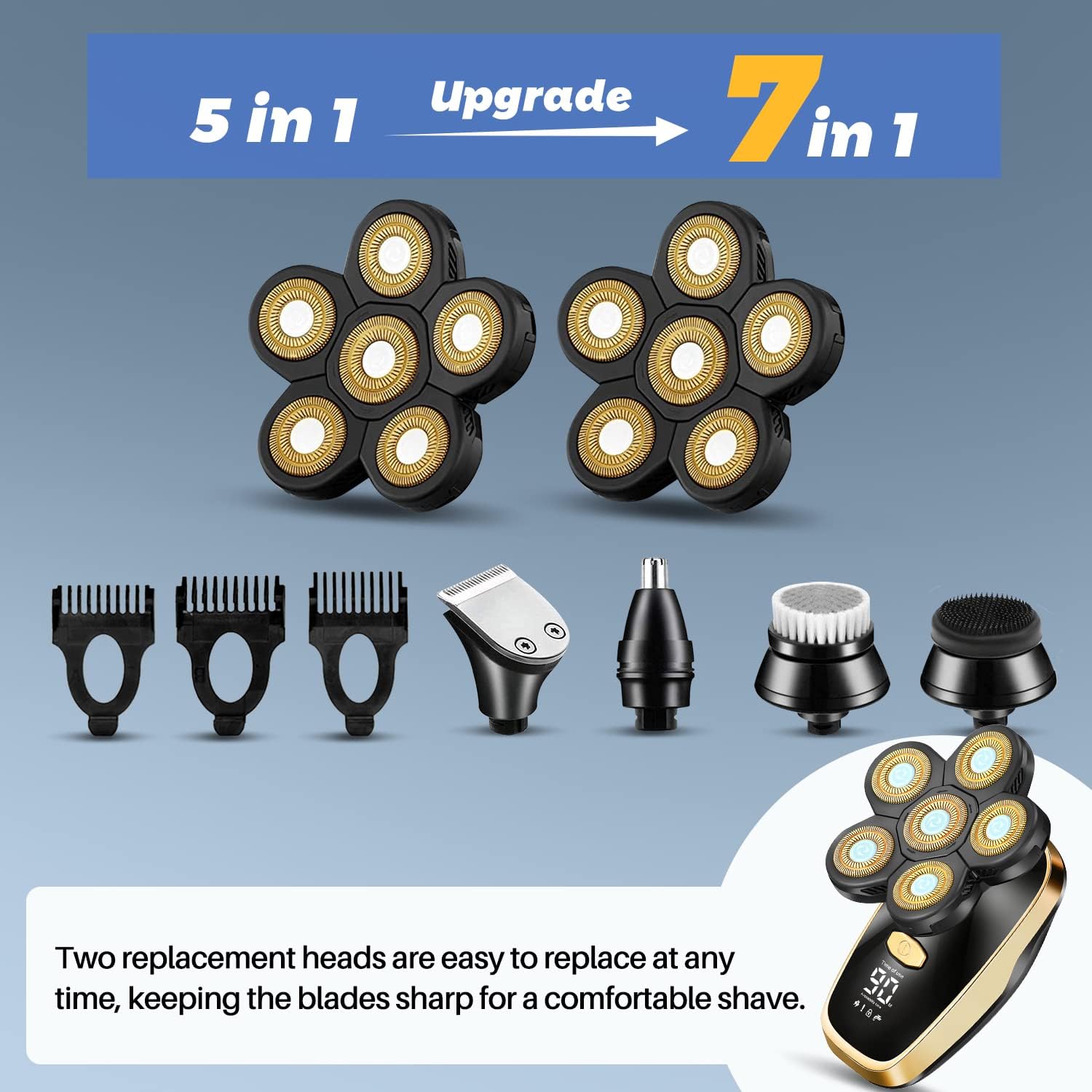 Head Shavers für Glatzköpfe Rotary Elektrischer Rasierer Kabelloser Elektrischer Rasierer Wiederaufladbarer Head Shaver, Multifunktionales Rasieren und Pflegeset (Gold)