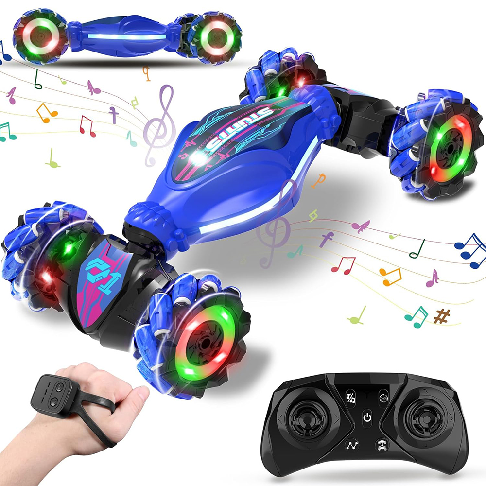 Gesture Sensing RC Stunt Car Spielzeug, 2.4GHz 4WD Handgesteuertes Fernbedienung Twist Auto mit Lichtern Musik, Geburtstagsgeschenke für Kinder (Blau)