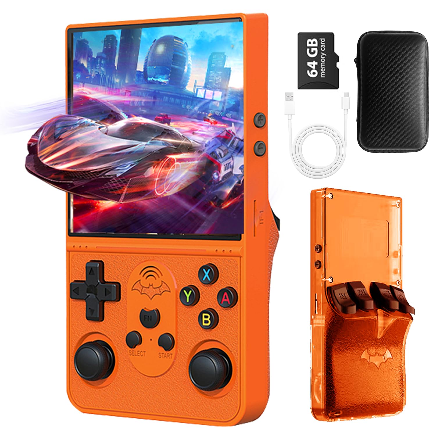 Spiel-Handheld-Konsole 4-Zoll-IPS-Bildschirm Tragbare Videokonsole 64G 18000+ Spiele 3D Dual-Joystick Hintere Tasten Orange