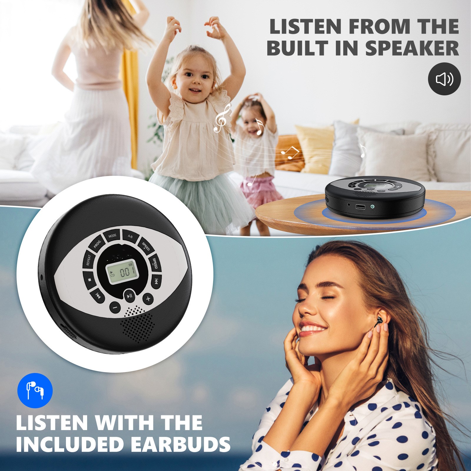 Tragbarer CD-Player Wiederaufladbarer CD-Musikplayer mit Anti-Skip-Schutz Unterstützung für CD CD RW MP3 mit Lautsprecher Kopfhöreranschluss für Auto Zuhause Reisen