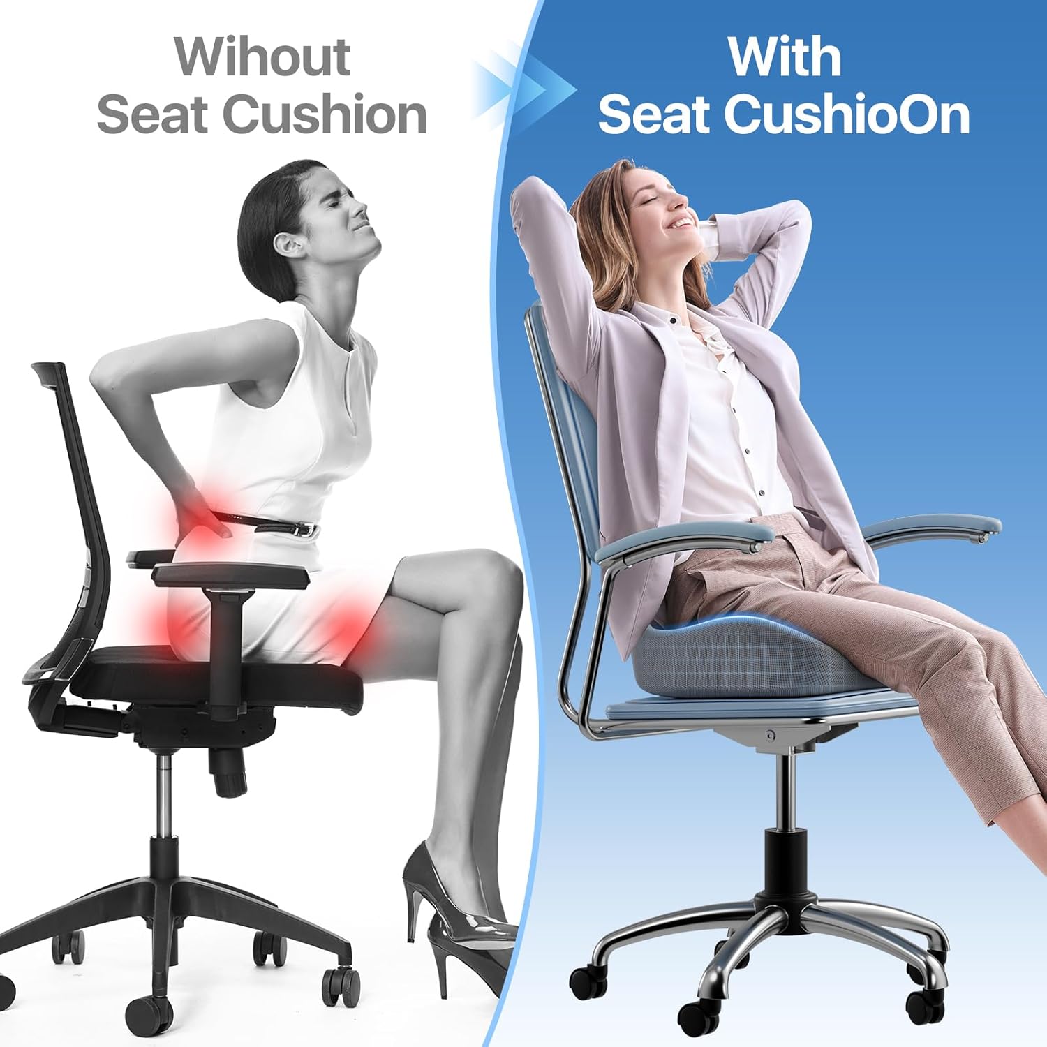 Sitzkissen, Großes Memory Foam Kissen für Bürostuhl Kissen, Ergonomische Kissen Pad Kissen zur Druckentlastung bei Ischias und langem Sitzen, Grau