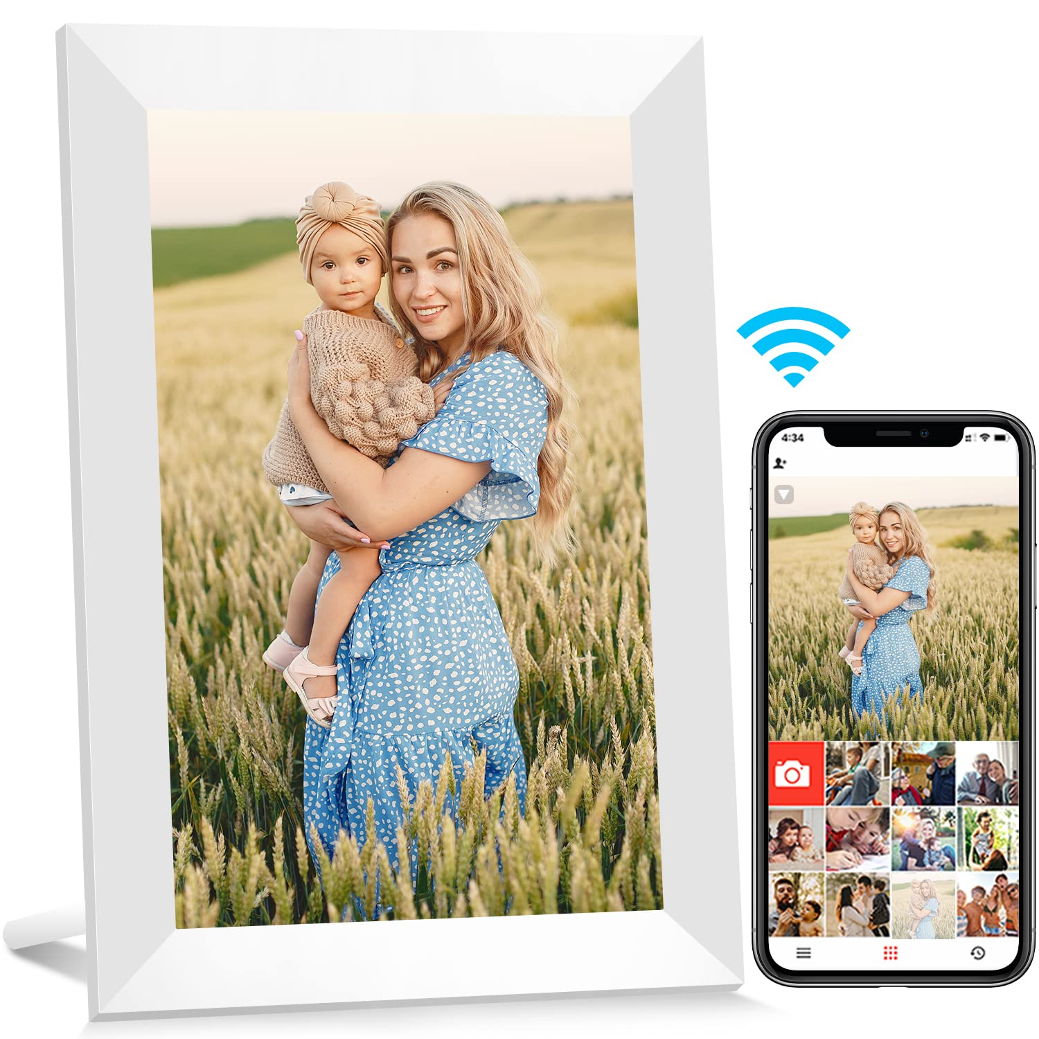 10,1 Zoll WiFi Digitaler Bilderrahmen, IPS Touch Screen Smart Cloud-Fotorahmen mit 32GB Speicher, Auto-Rotate, Wandmontierbar (Weiß)