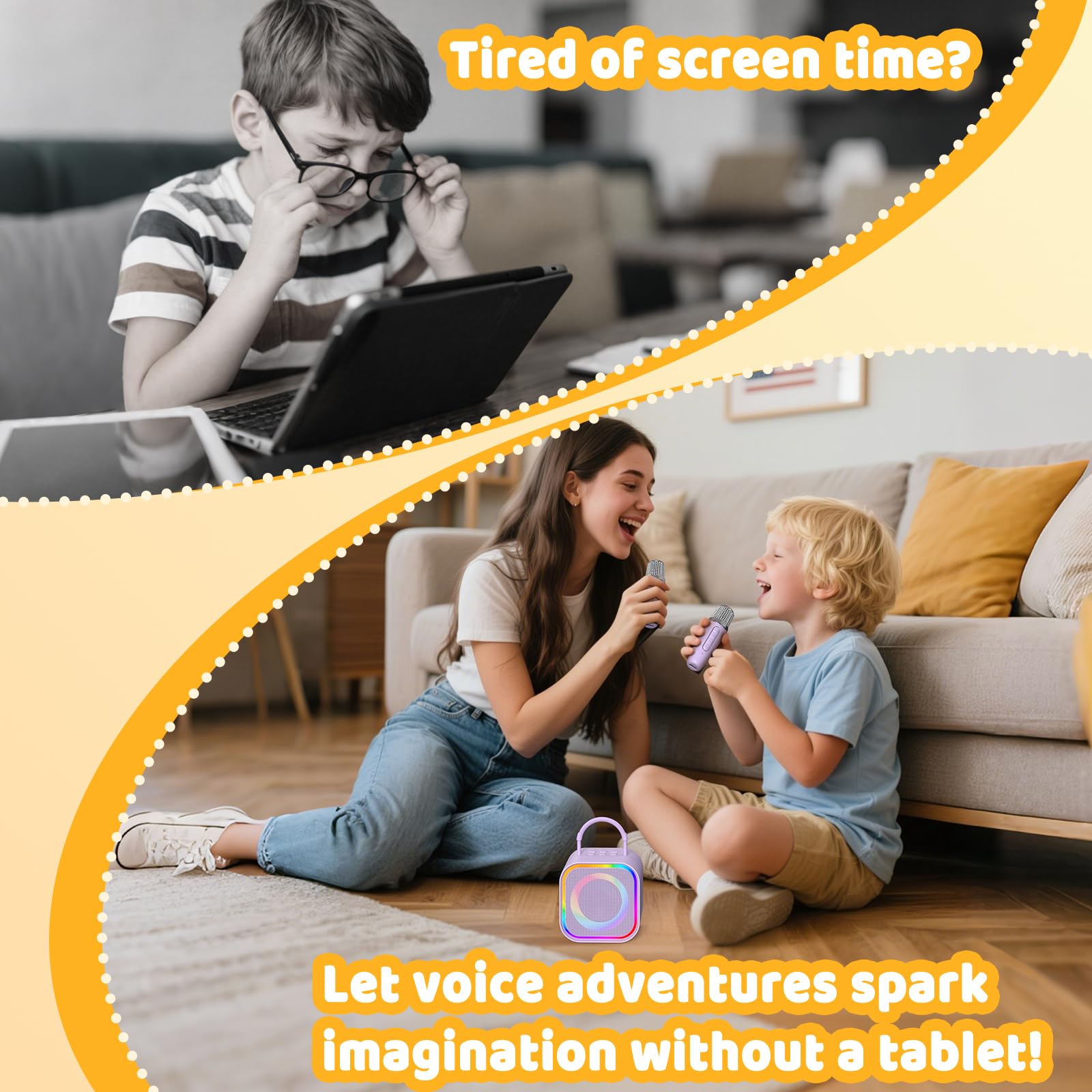 Mini Karaoke Machine Portable Bluetooth-Lautsprecher mit 2 drahtlosen Mikrofonen Eingebauter Speicher, Spaßige Stimmeffekte Dynamische LED-Lichter, Geburtstagsgeschenke (Purple)