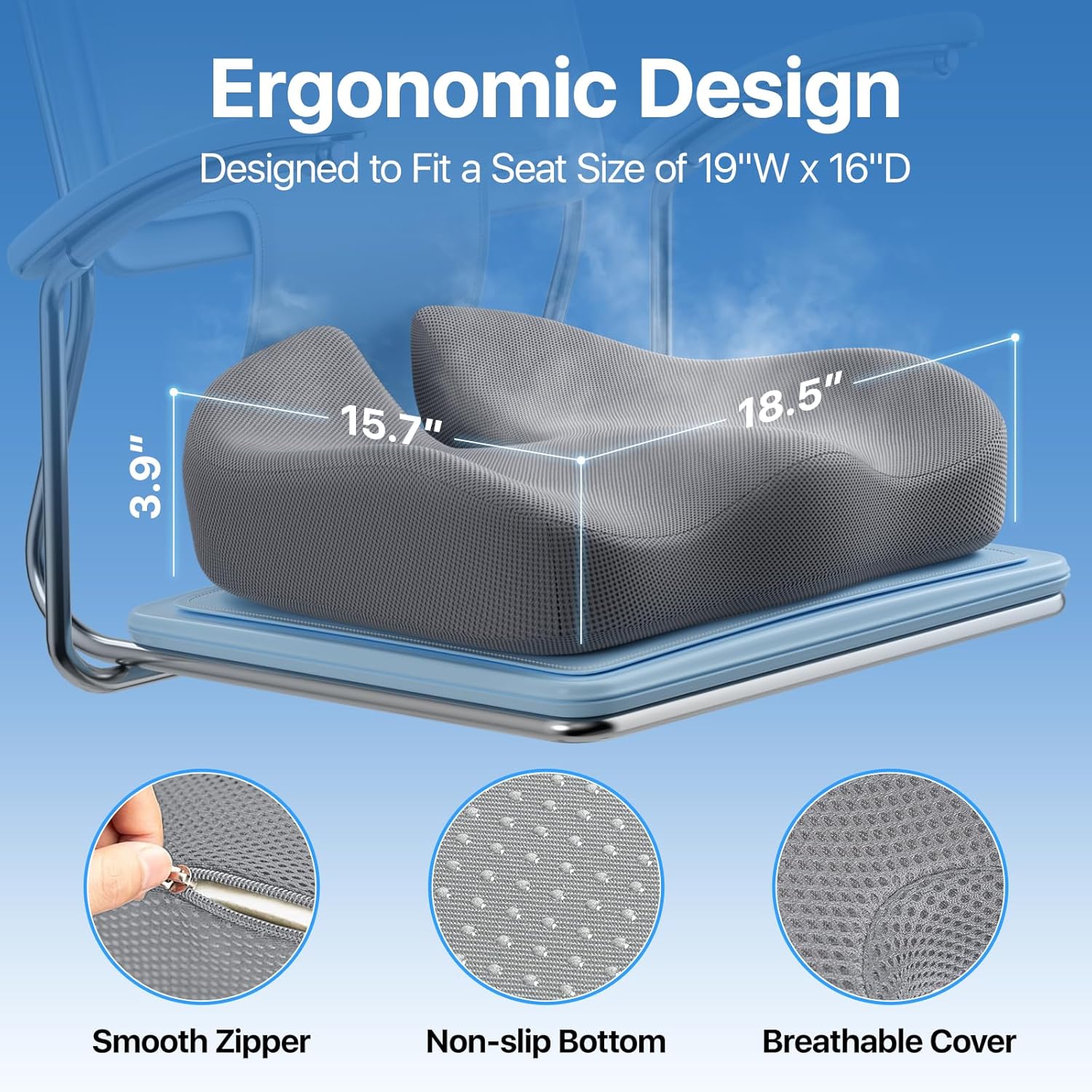 Sitzkissen, Großes Memory Foam Kissen für Bürostuhl Kissen, Ergonomische Kissen Pad Kissen zur Druckentlastung bei Ischias und langem Sitzen, Grau