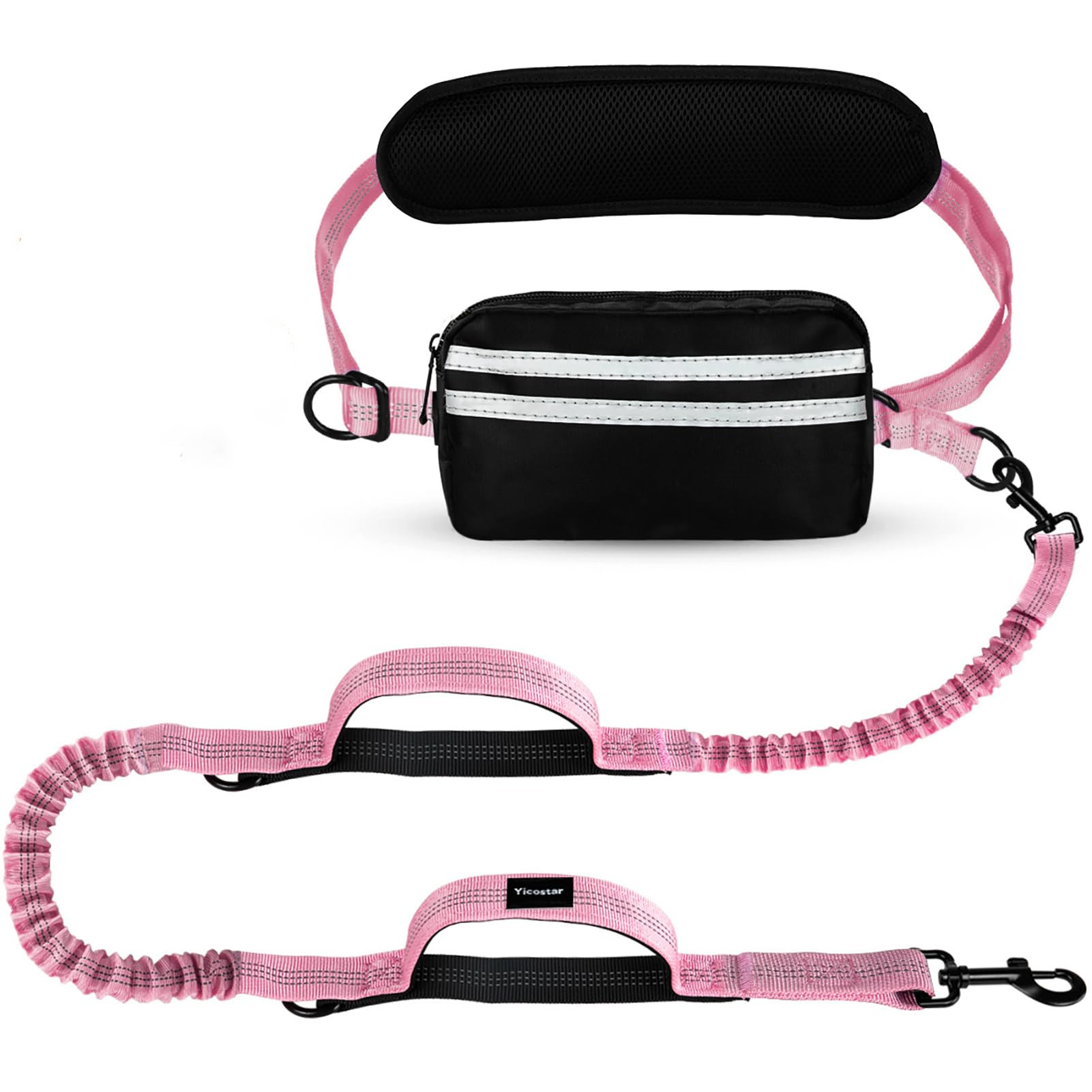 Hands Free Hundeleine, Verstellbarer Taillengurt mit Doppel-gepolsterten Griffen, Rückziehbares Bungee für Mittelgroße Große Hunde zum Hund Spaziergang Laufen(Schwarz-Pink)