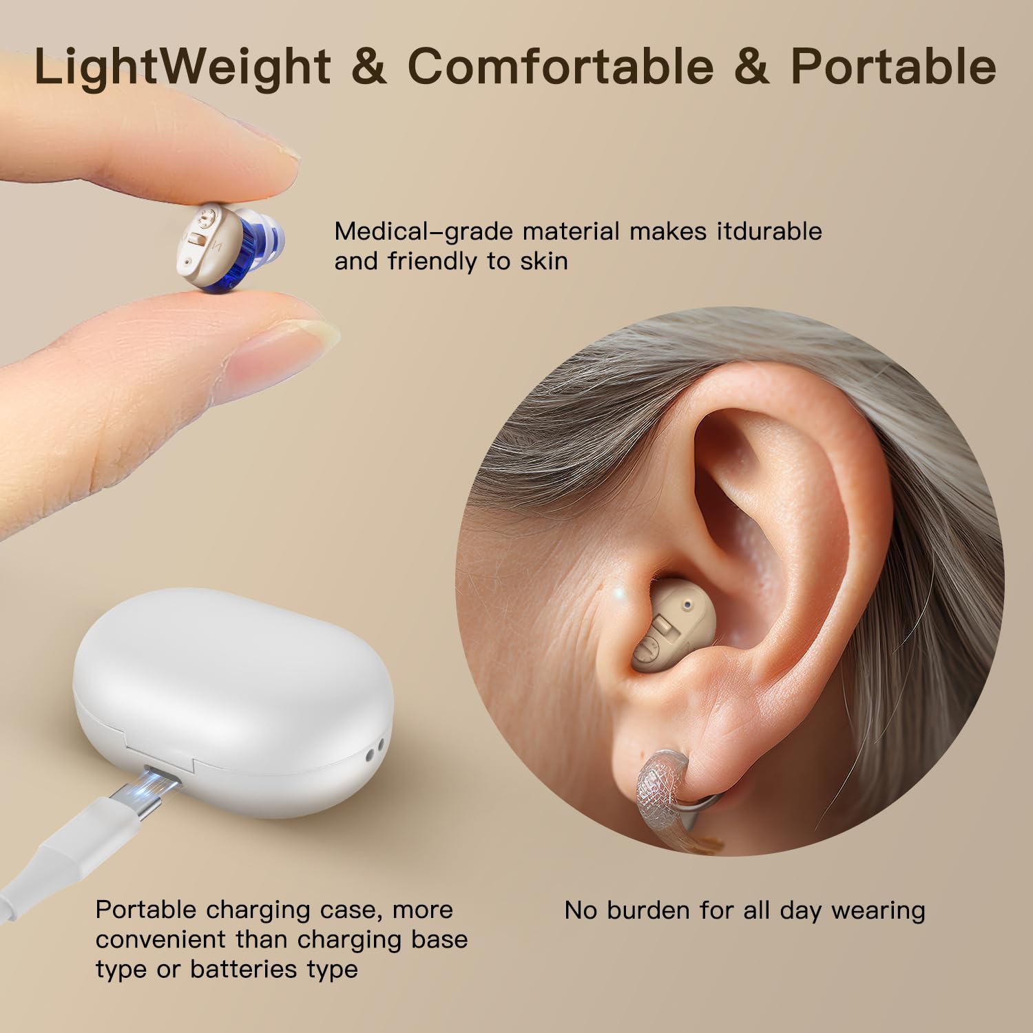 Hörgeräte mit Geräuschunterdrückung Wiederaufladbares Hörgerät für Senioren Einstellbare Lautstärke mit Ladeetui