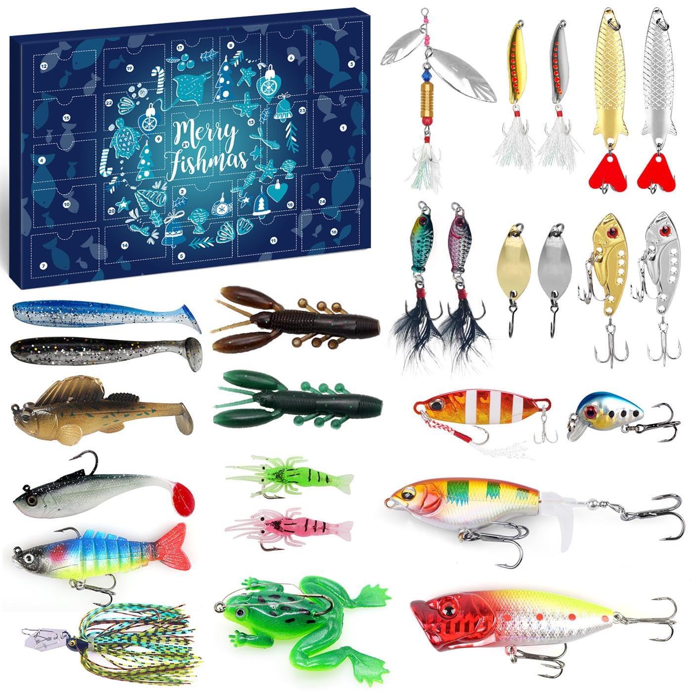 Fishing Adventskalender für Männer Teenager Jungen, Angeln Köder Weihnachtsgeschenke, 24 Tage Oberflächenköder Angelspoons Minnow Popper Crankbait VIB für Angelbegeisterte Vater Freund Bruder