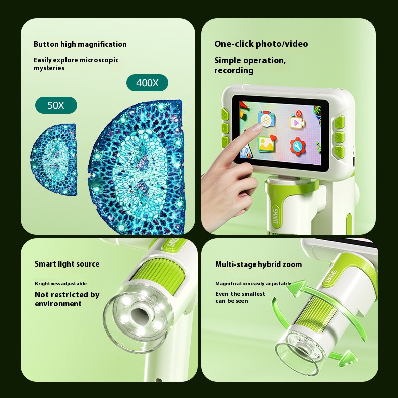 Graues 4-Zoll-HD-Digitalmikroskop 100 1600X Kiids Tragbares Biologie-Spielzeug Mit Foto- und Videoaufnahme Typ C USB