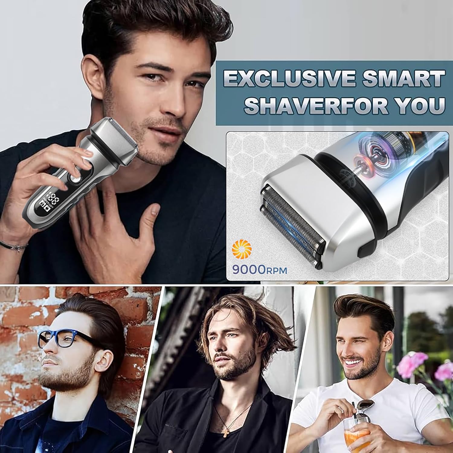 Elektrischer Rasierer für Männer, Kabellos Wiederaufladbar mit Ein-Ausklappbarem Trimmer, Leichtes Handliches Design