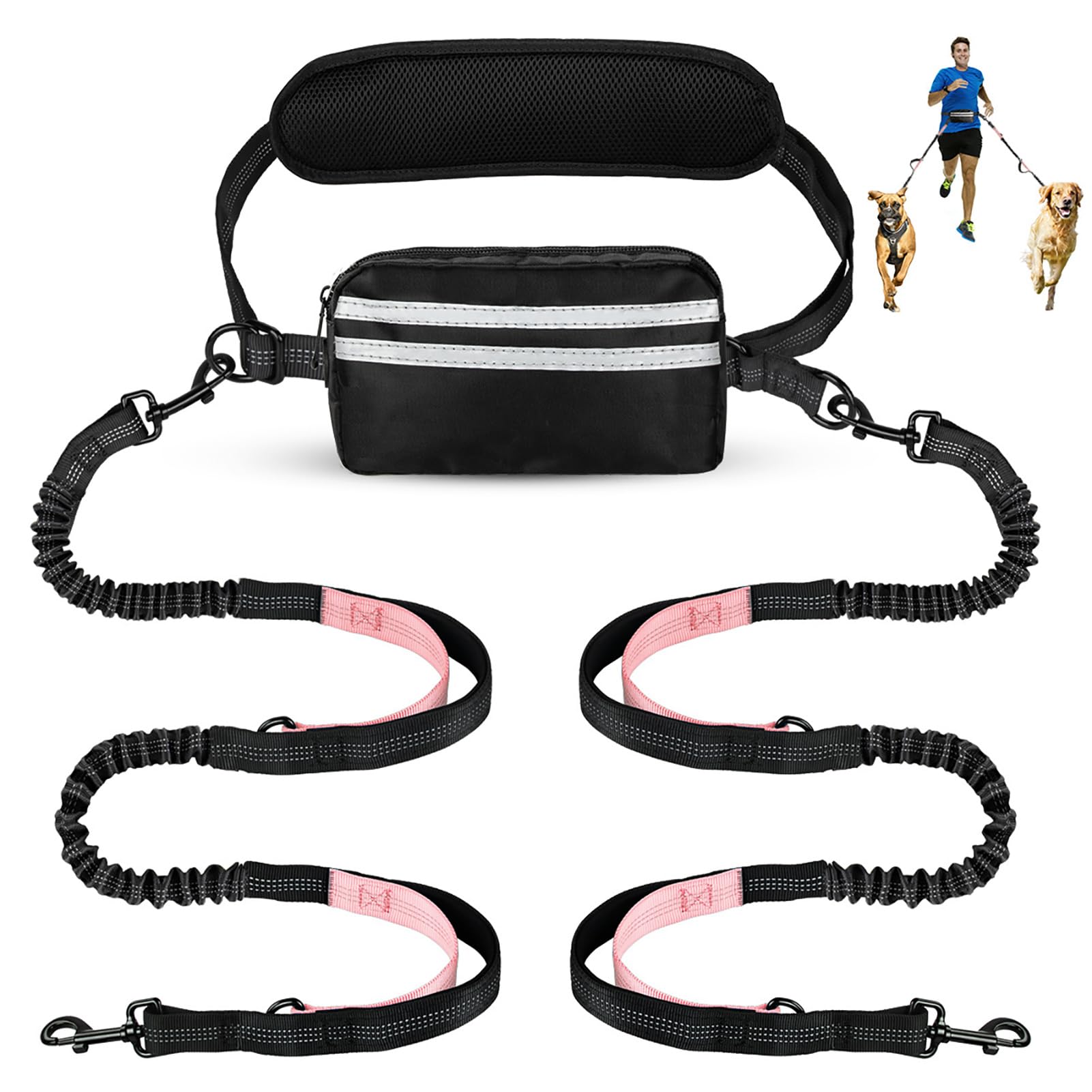 Hands Free Hundeleine mit Tasche, Doppelleine für zwei Hunde, einziehbares Bungee mit doppelt gepolsterten Griffen für Hundespaziergänge, Laufleine für Hunde (Schwarz-Pink)