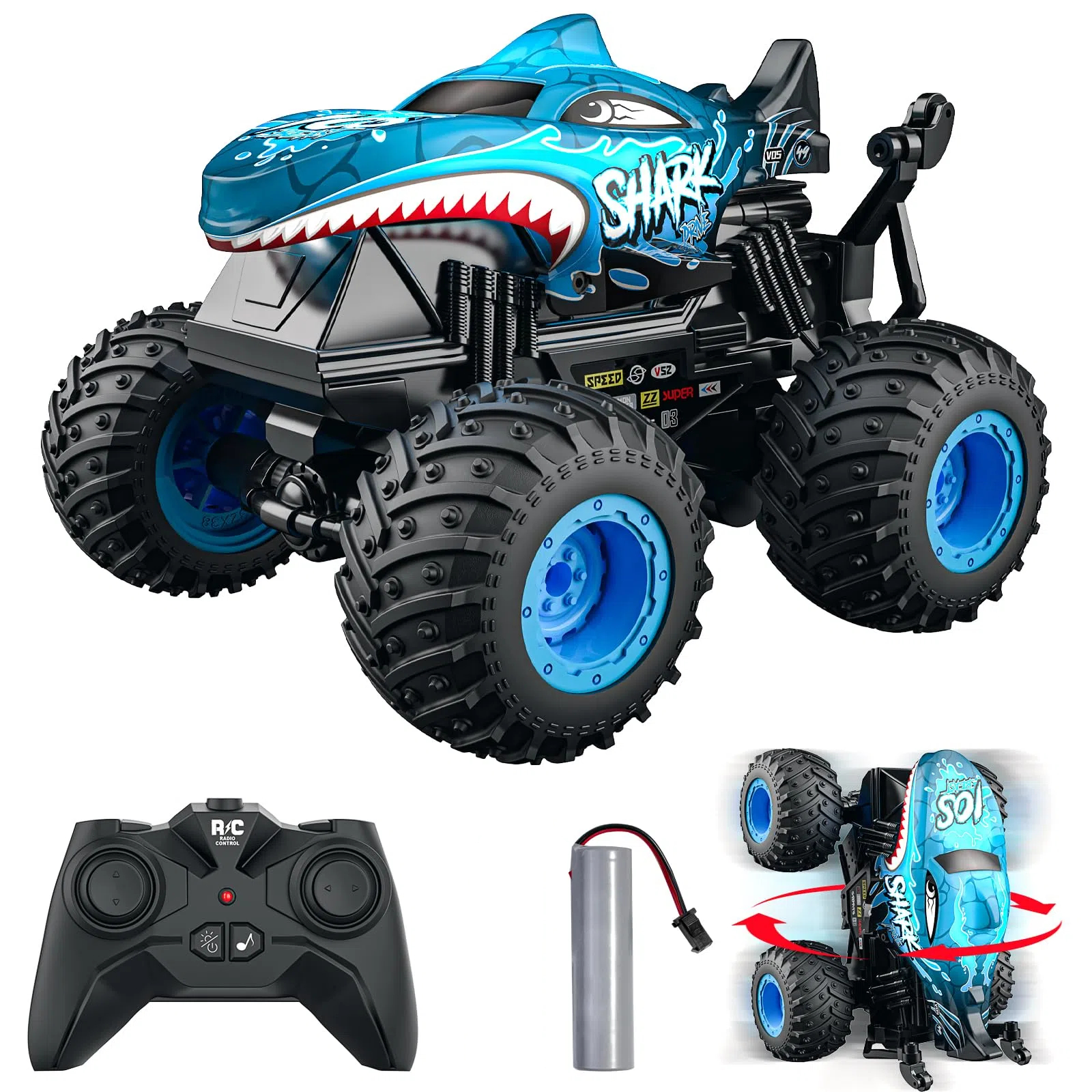 Fernsteuerbares Haifisch-Monster-Truck 2,4GHz Stunt Auto RC Spielzeug Licht Sound All Terrain Innen Außen für Kinder Farbe Blau
