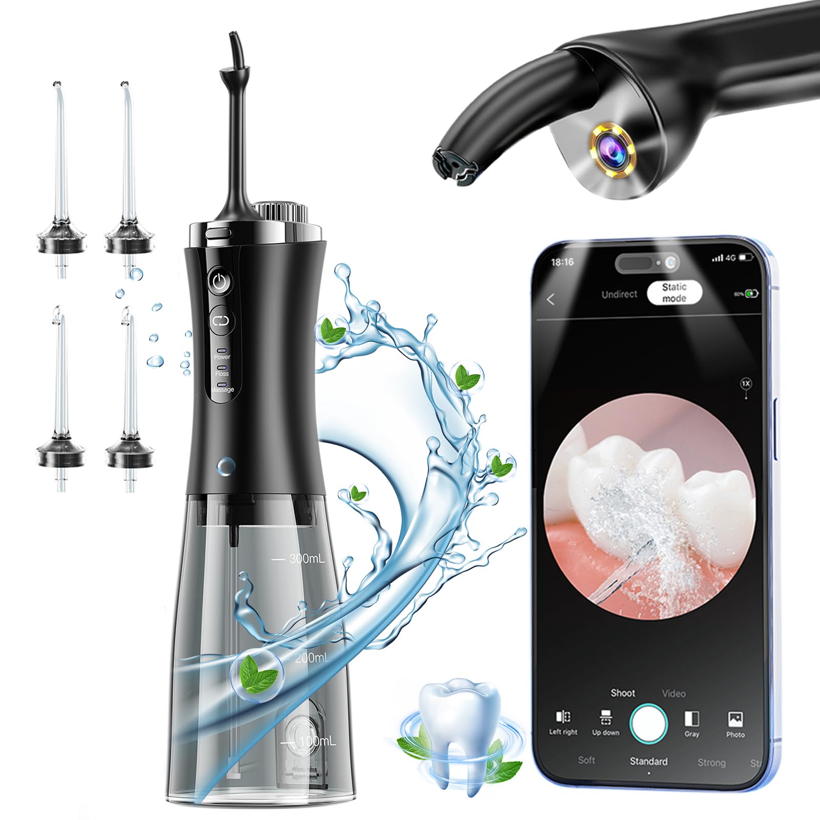 Wasserflosser mit Kamera für Zähne, Visueller Wasserzahnbürstenflosser mit 12-Gang wiederaufladbarer Wasserflosser mit 3-Düsen Wasserdicht für Android iOS(Schwarz)